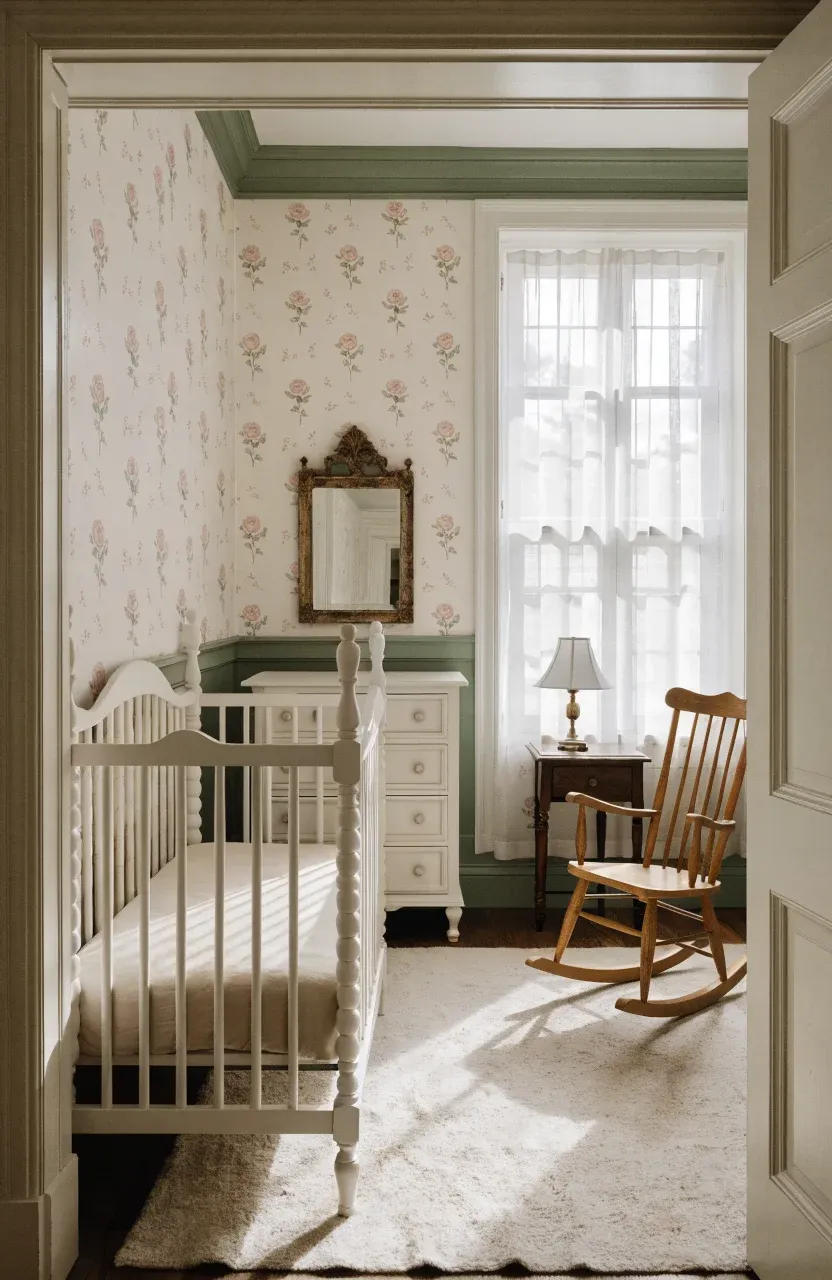 A vintage nursery with delicate pink rose wallpaper, an antique white crib, and soft cream bedding.