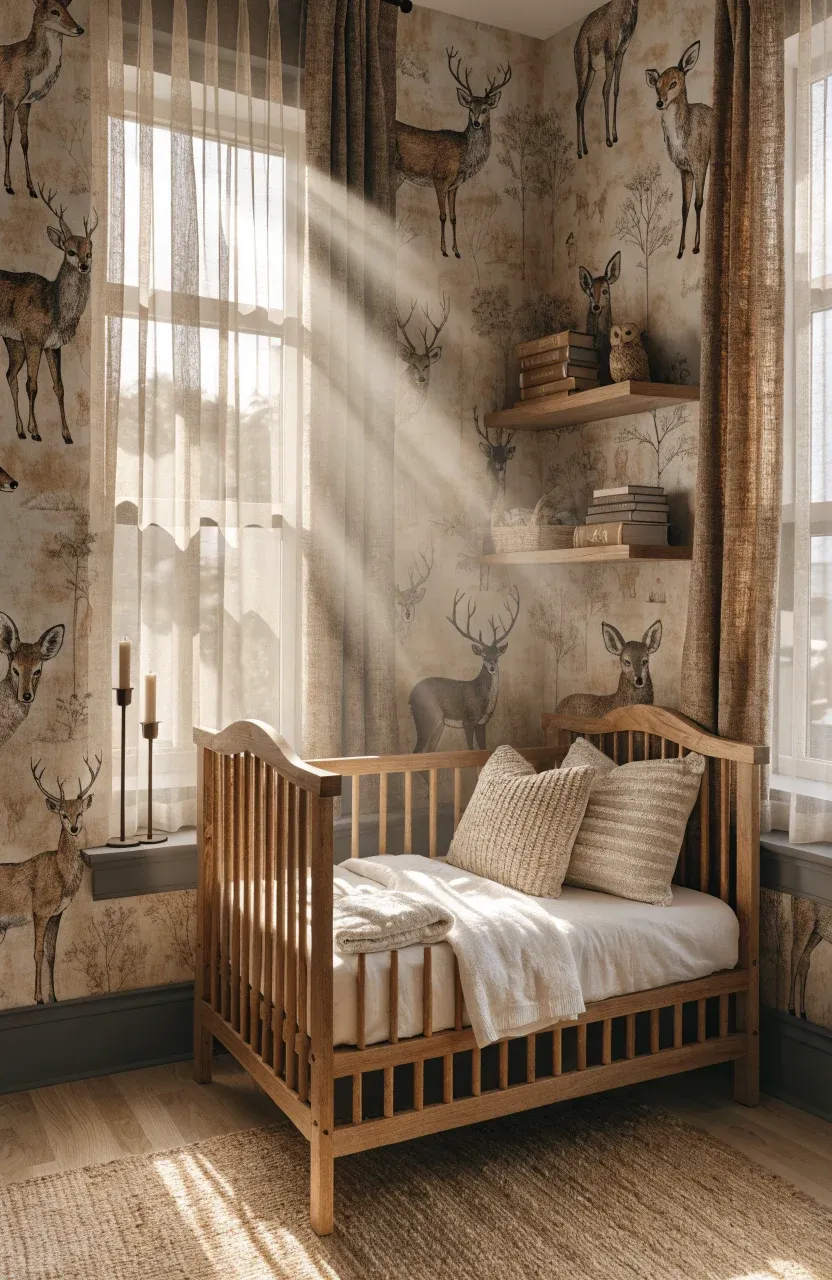 Sepia-toned wallpaper with hand-drawn deer and foxes in a nursery with light oak furniture.