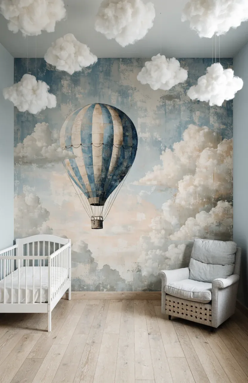 Faded pastel hot air balloon wallpaper on a nursery wall with a white crib and grey chair.