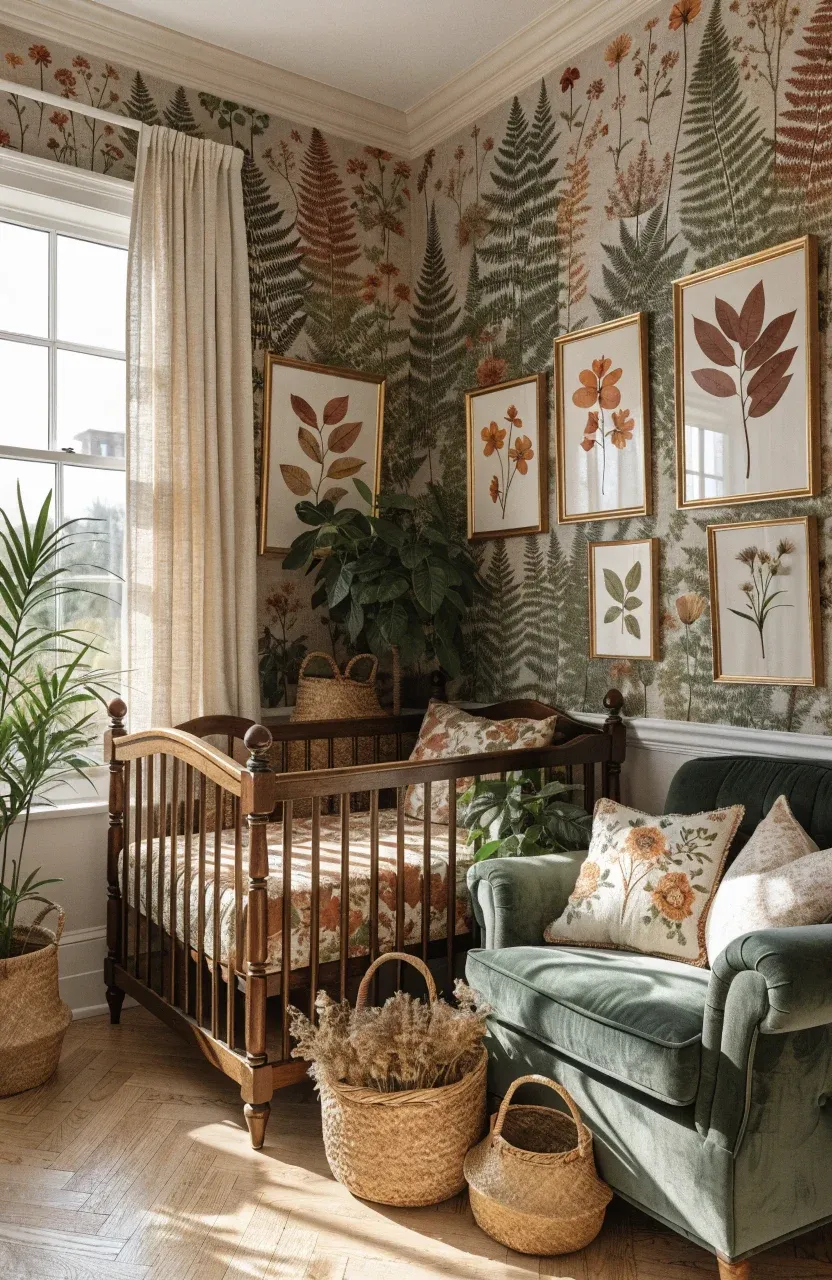 Detailed botanical wallpaper with ferns and wildflowers in a sunlit nursery with wooden furniture.