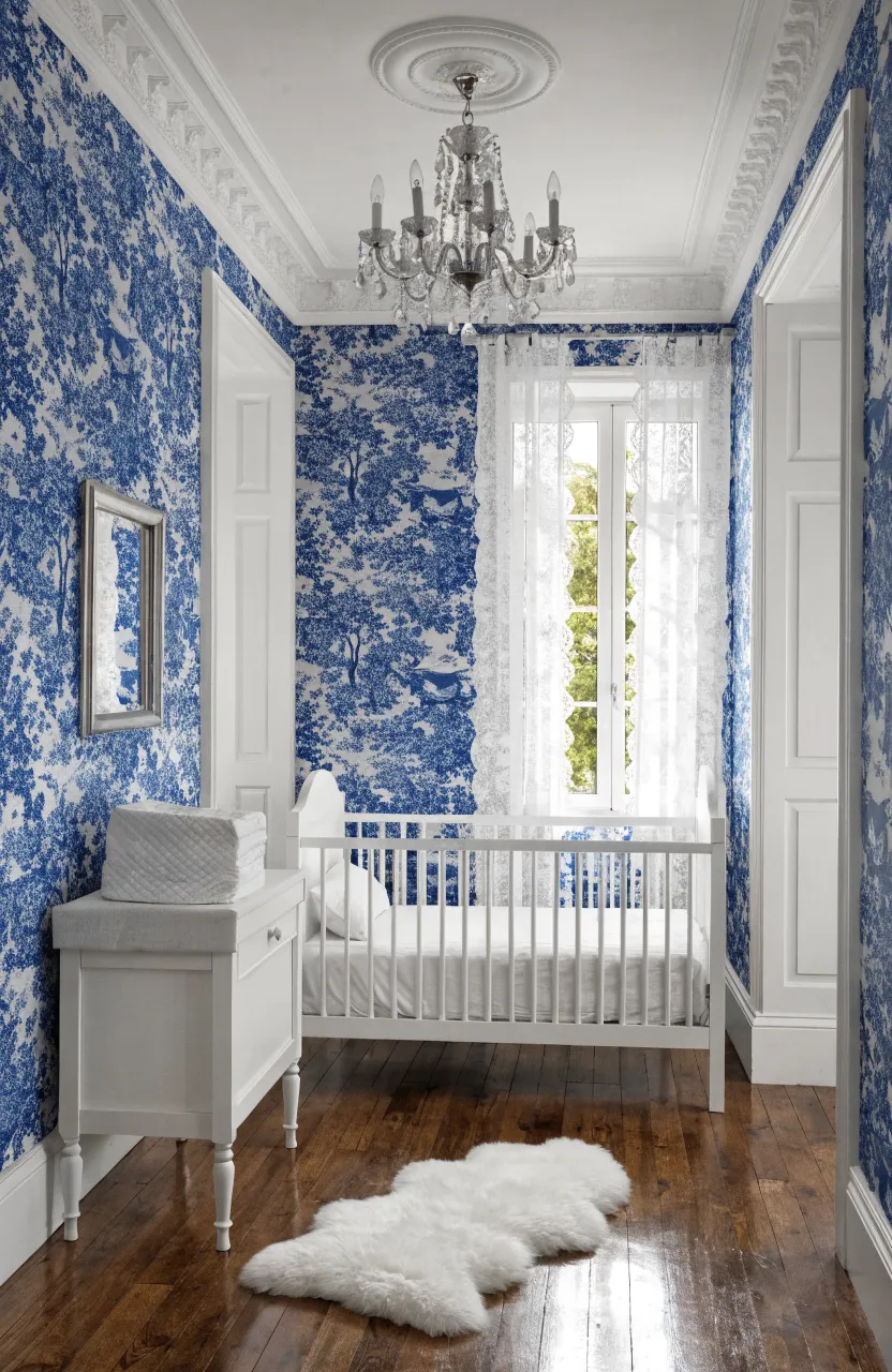 Traditional blue and white Toile de Jouy wallpaper in a clean nursery with white furniture.