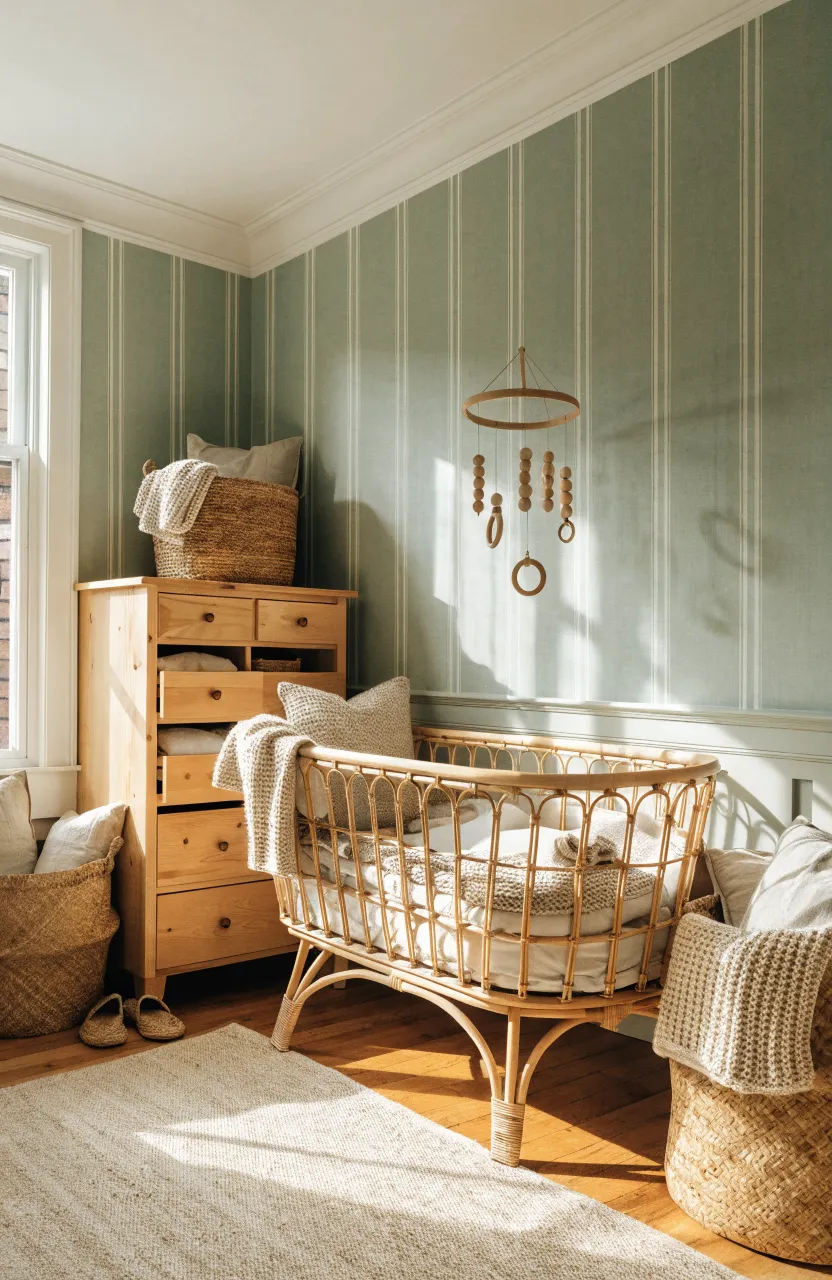Muted sage green striped wallpaper in a neutral nursery with wicker and wood accents.
