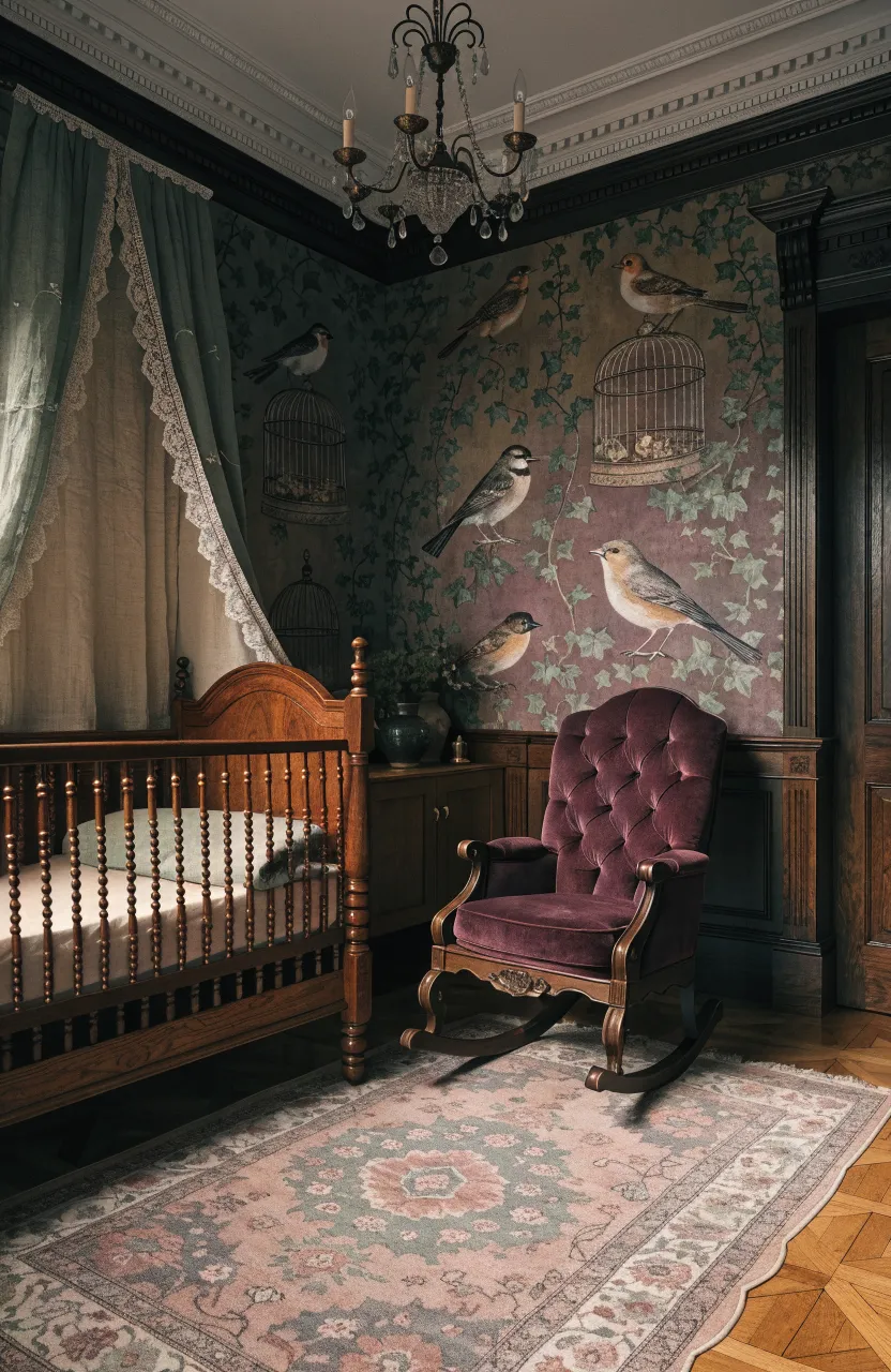 Victorian-style wallpaper with birds and cages in a nursery with a tufted rocking chair.