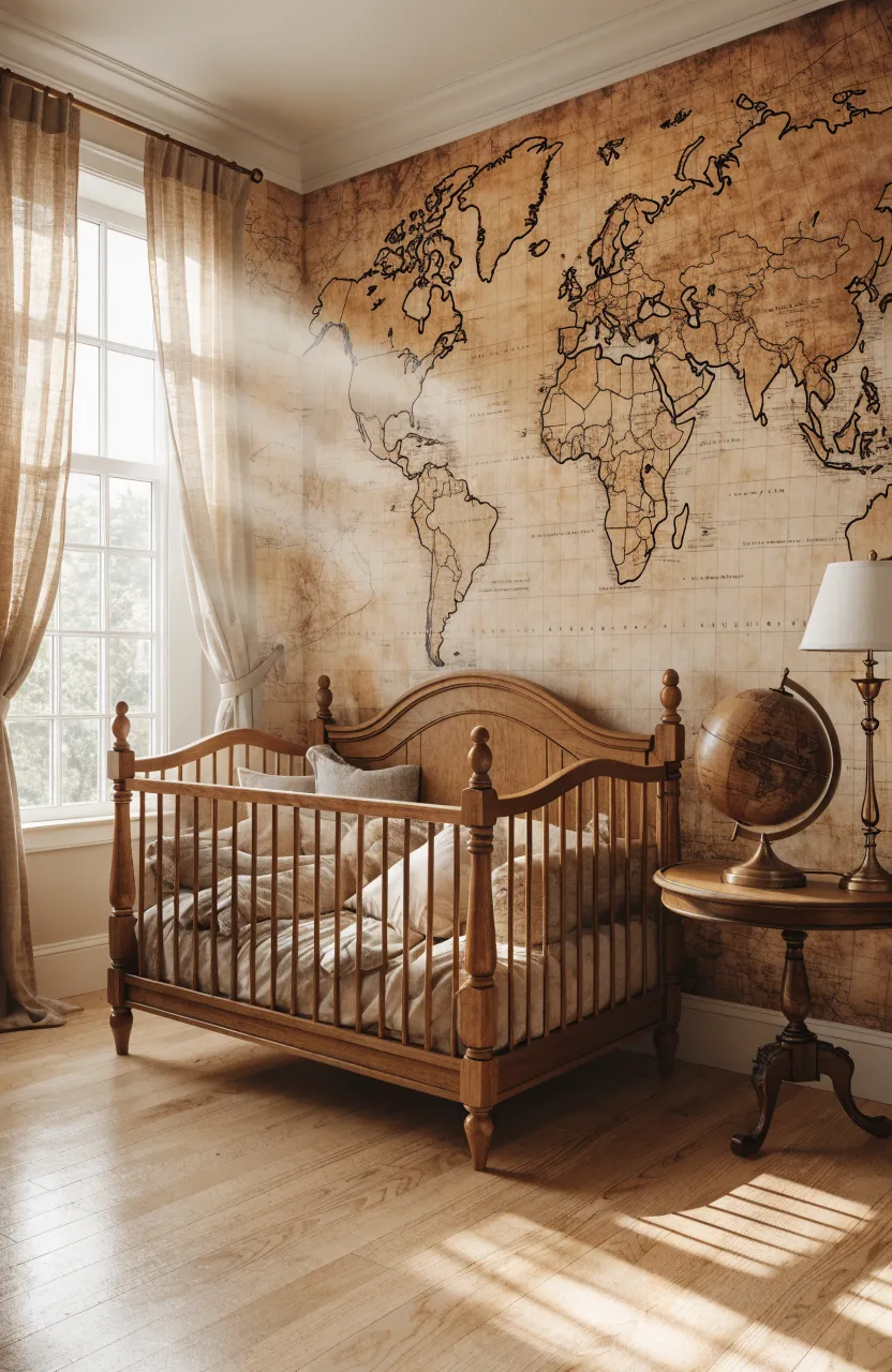 A vintage nursery with a large weathered world map wallpaper mural behind a wooden crib.