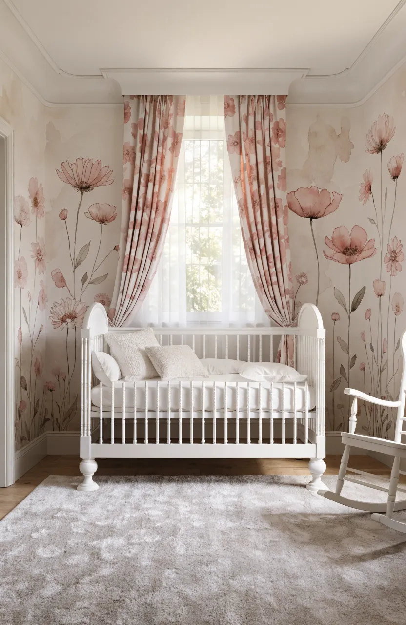 Soft dusty pink watercolor floral wallpaper in a bright, modern white nursery.