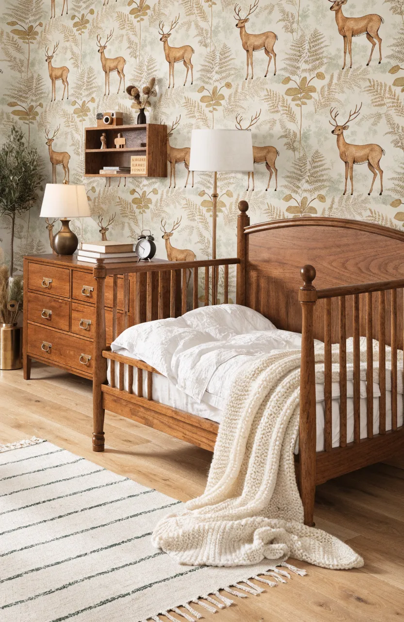 Retro woodland deer patterned wallpaper in a nursery with mid-century walnut furniture.