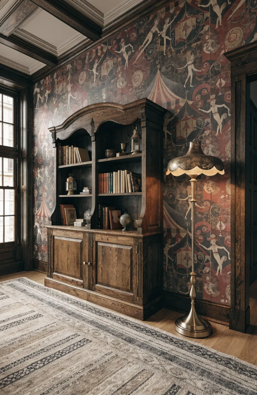 Whimsical vintage circus themed wallpaper with muted red and gold tents in a baby room.