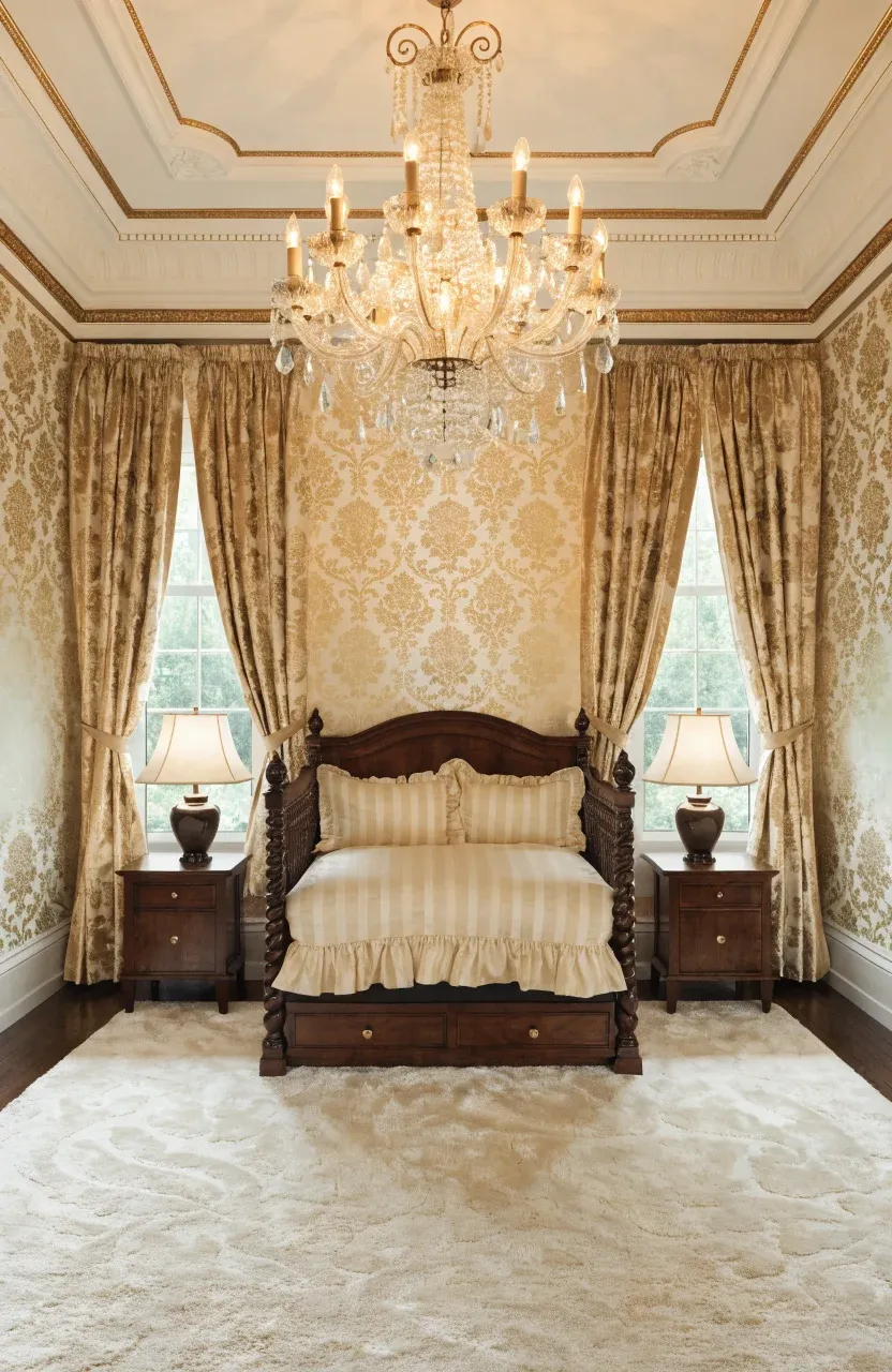 Formal cream and gold damask wallpaper behind a dark wood crib in a luxury nursery.