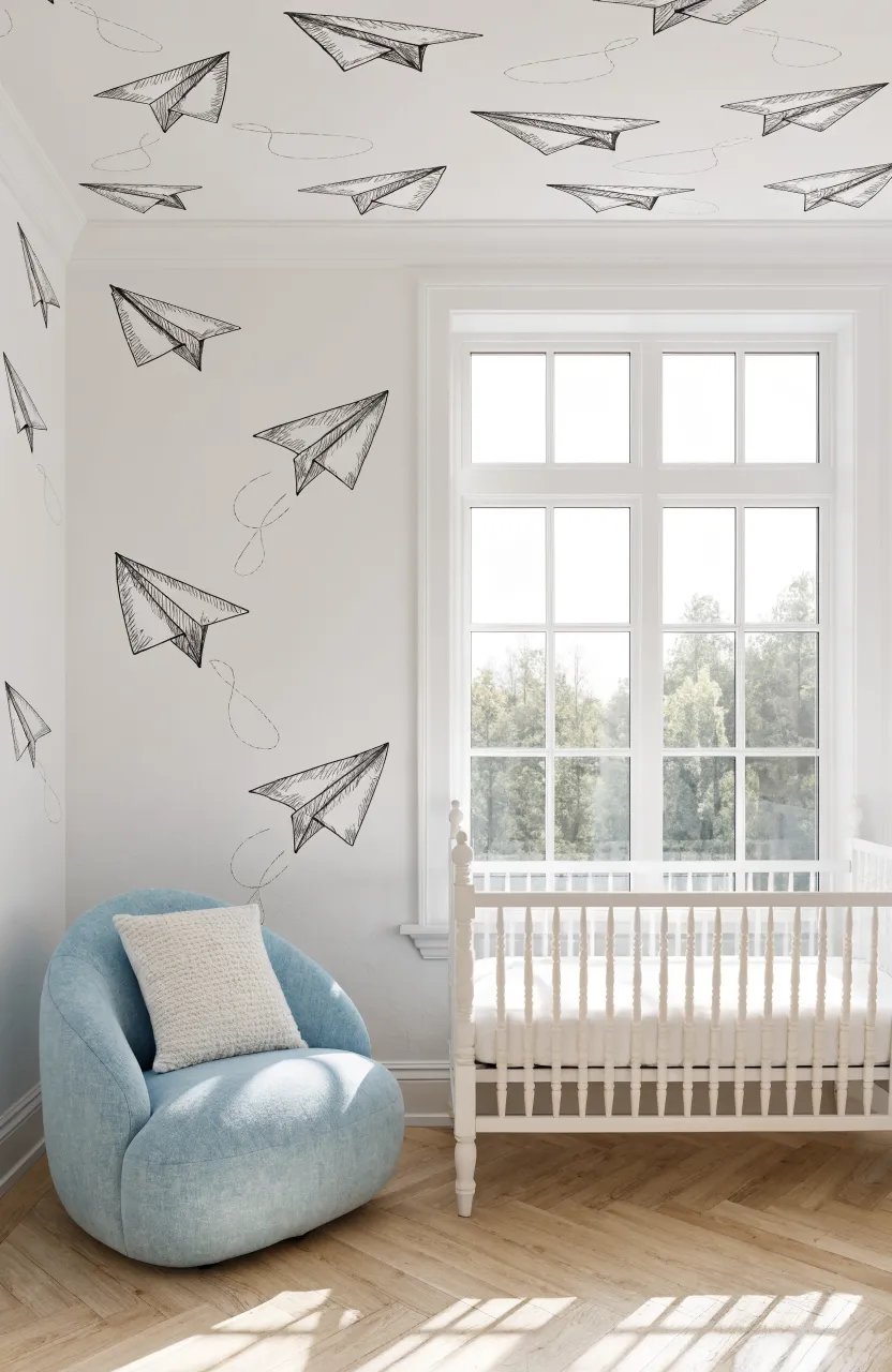 Minimalist nursery with hand-sketched paper plane and kite wallpaper designs.