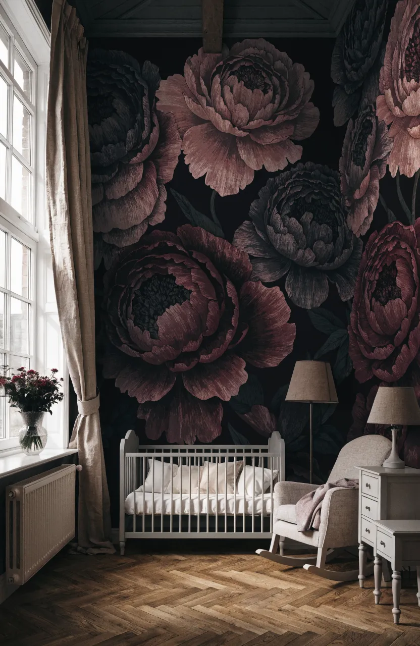 Moody dark floral wallpaper with large peonies in a nursery with light grey furniture.