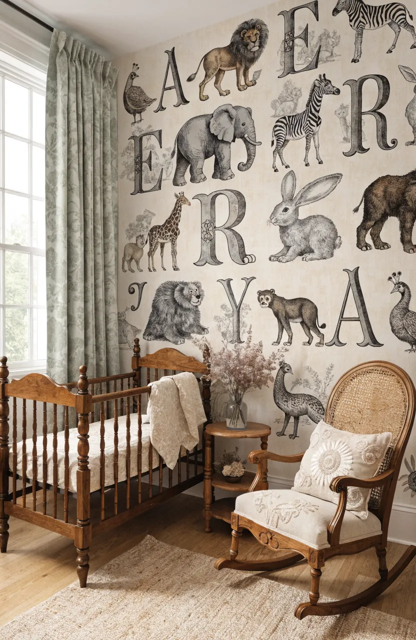 A nursery wall featuring vintage alphabet sketches and animals behind a classic wooden crib.