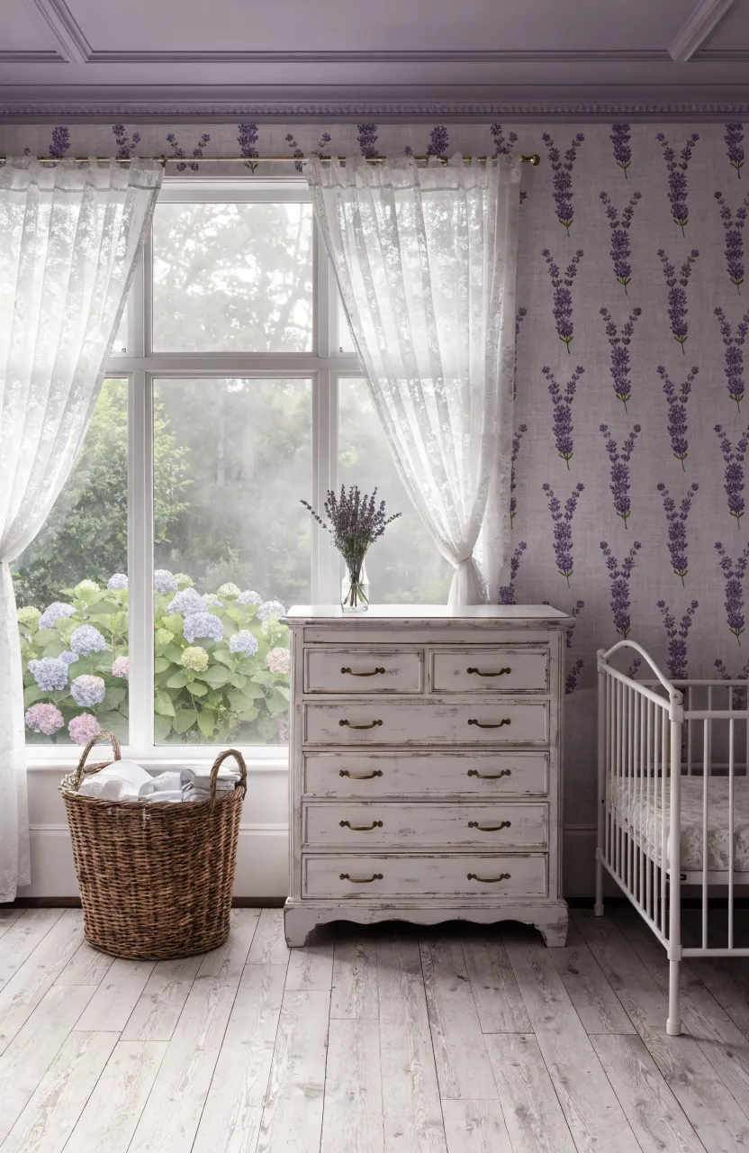 Soft lavender floral wallpaper in a bright nursery with white-washed wooden furniture.
