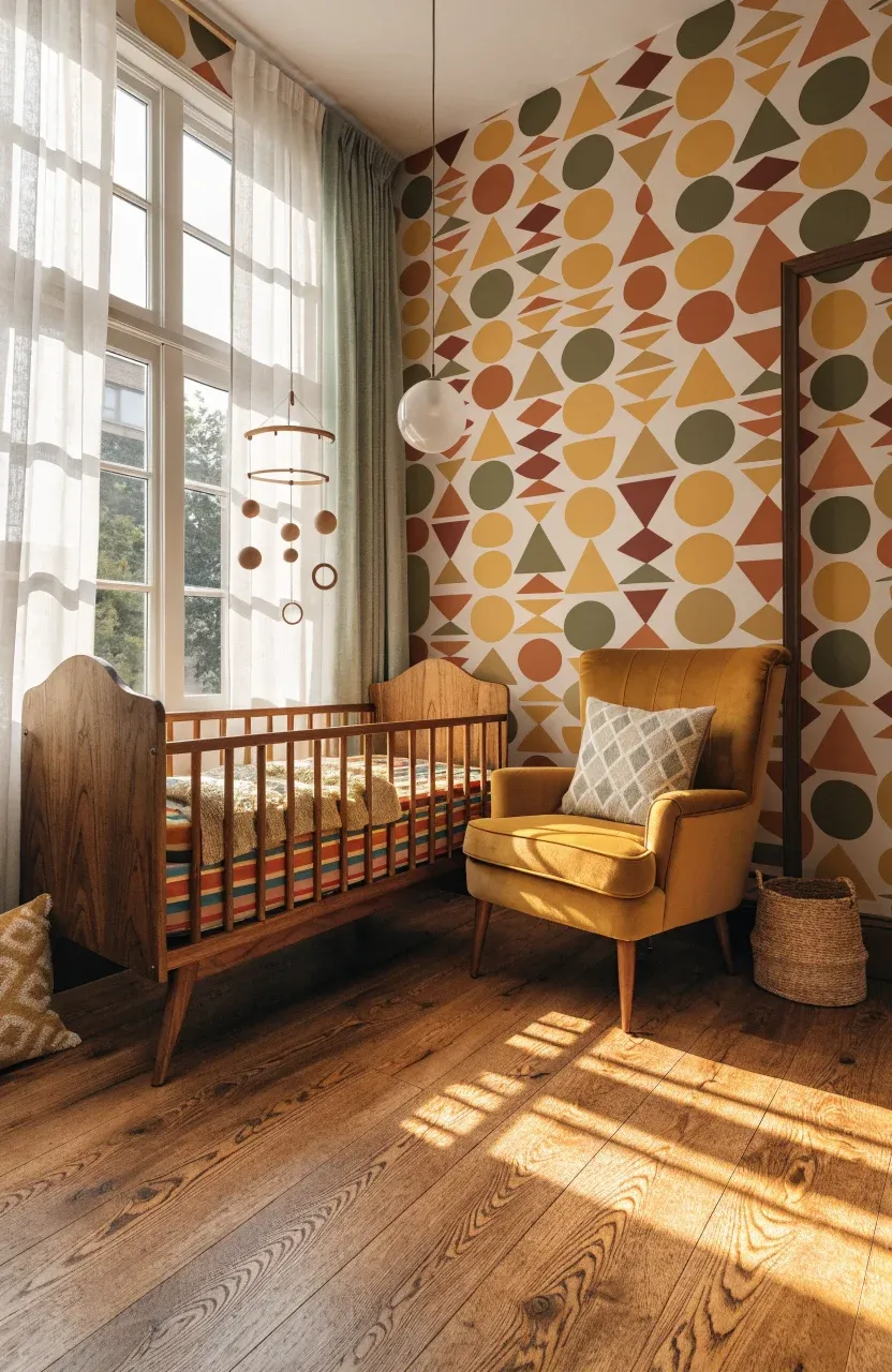 Retro geometric wallpaper in mustard and terracotta tones within a mid-century style nursery.