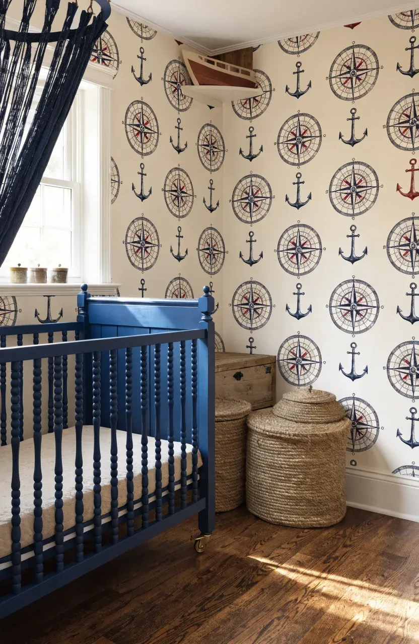 Nautical themed nursery with anchor and compass wallpaper and navy blue accents.