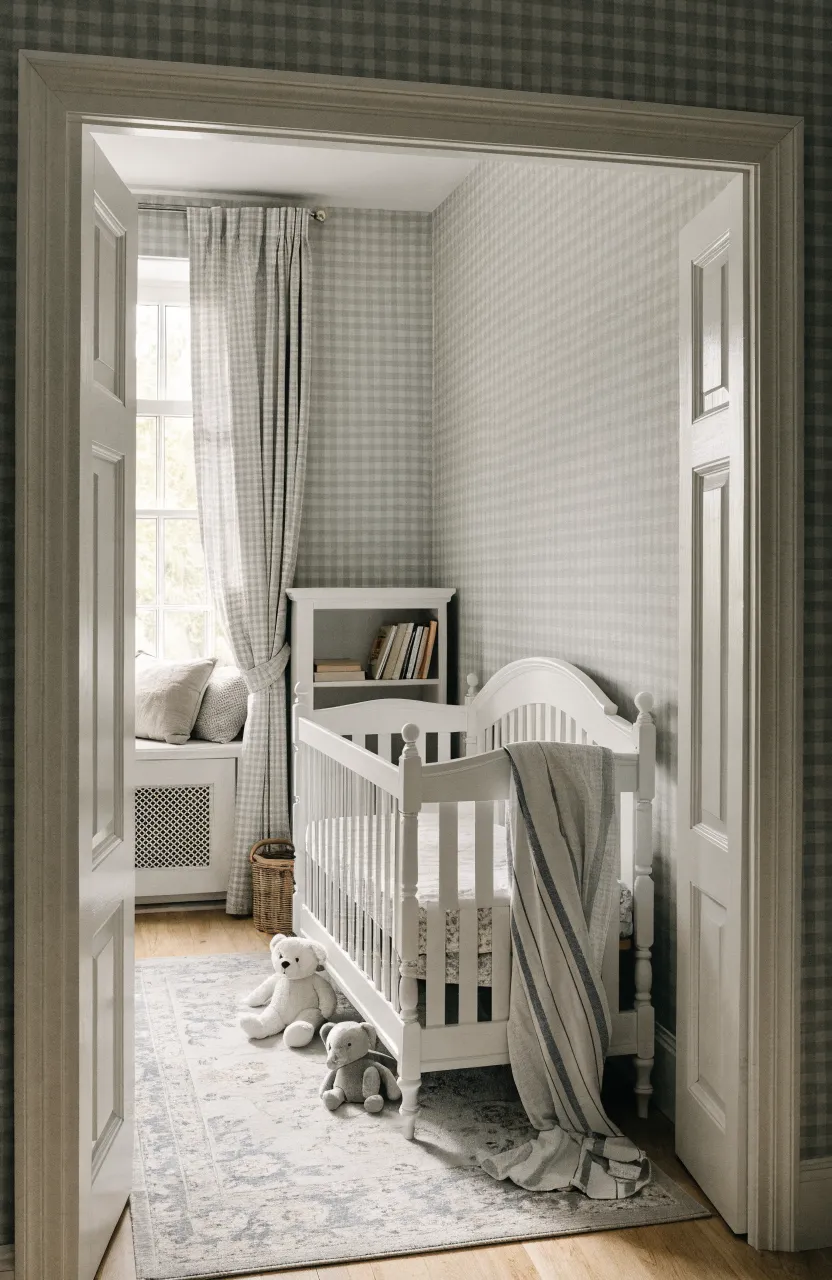 Classic grey gingham wallpaper in a cozy nursery with layered floral and striped textiles.