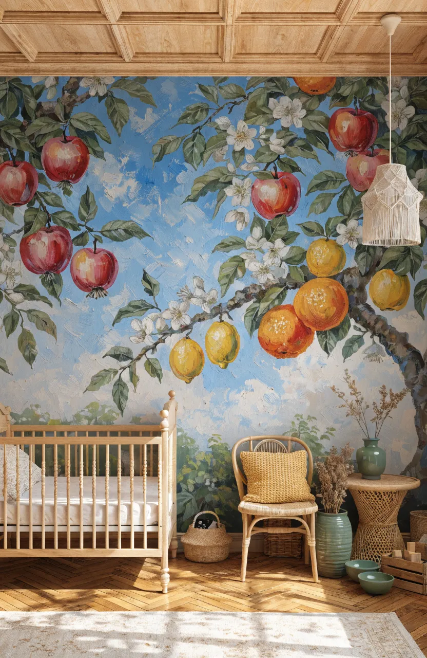 Vibrant hand-painted fruit and blossom wallpaper in a sunny, cheerful baby room.
