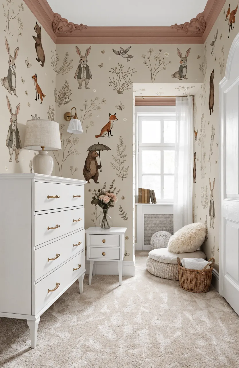 Whimsical wallpaper featuring classic storybook animals in a minimalist vintage nursery.