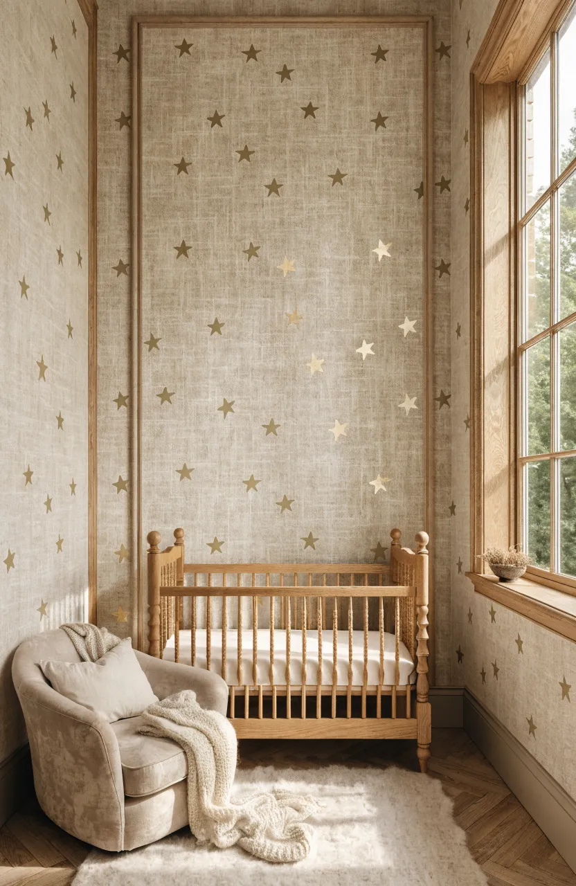 A nursery with linen-textured wallpaper featuring small faded gold stars behind a wooden crib.