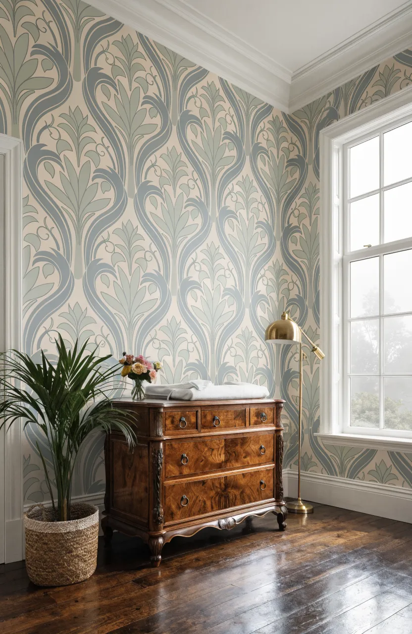 A nursery wall covered in Art Nouveau wallpaper with sage and blue vine swirls next to a dresser.