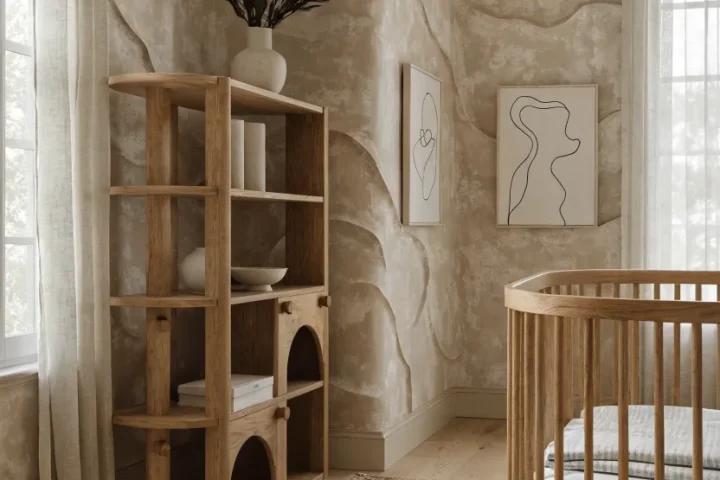 A wide-angle shot of a nursery with beige sandstone textured wallpaper and light wood furniture.