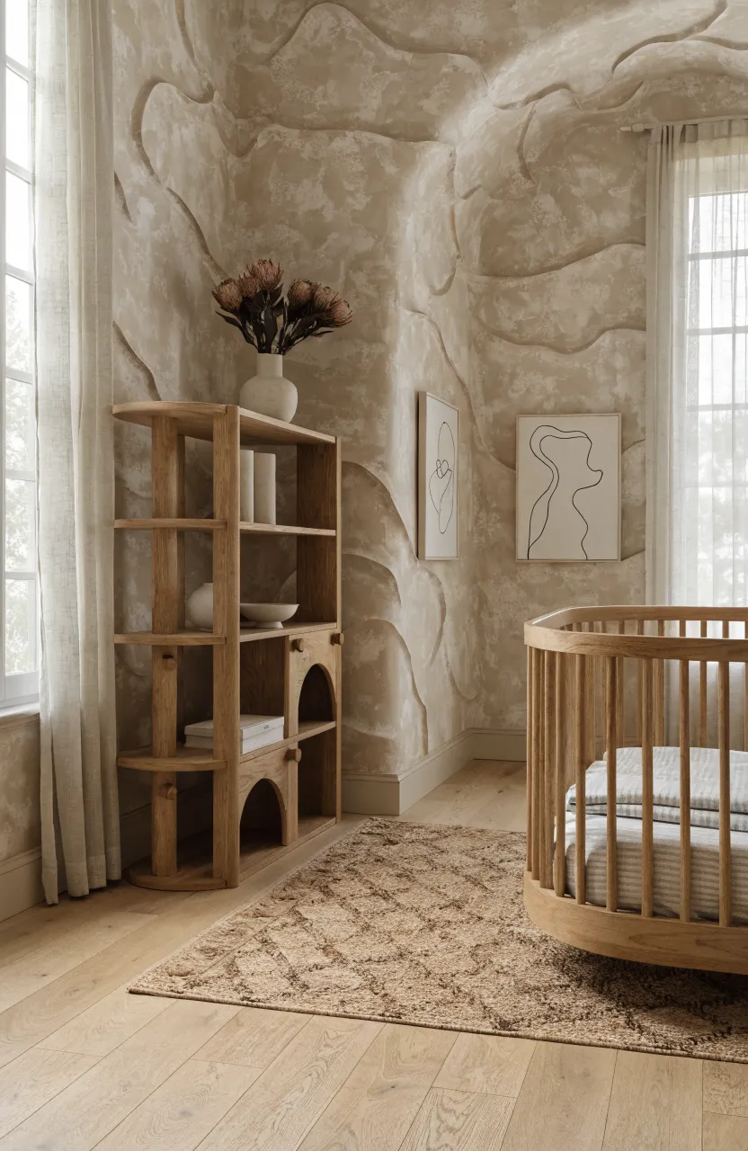 A wide-angle shot of a nursery with beige sandstone textured wallpaper and light wood furniture.