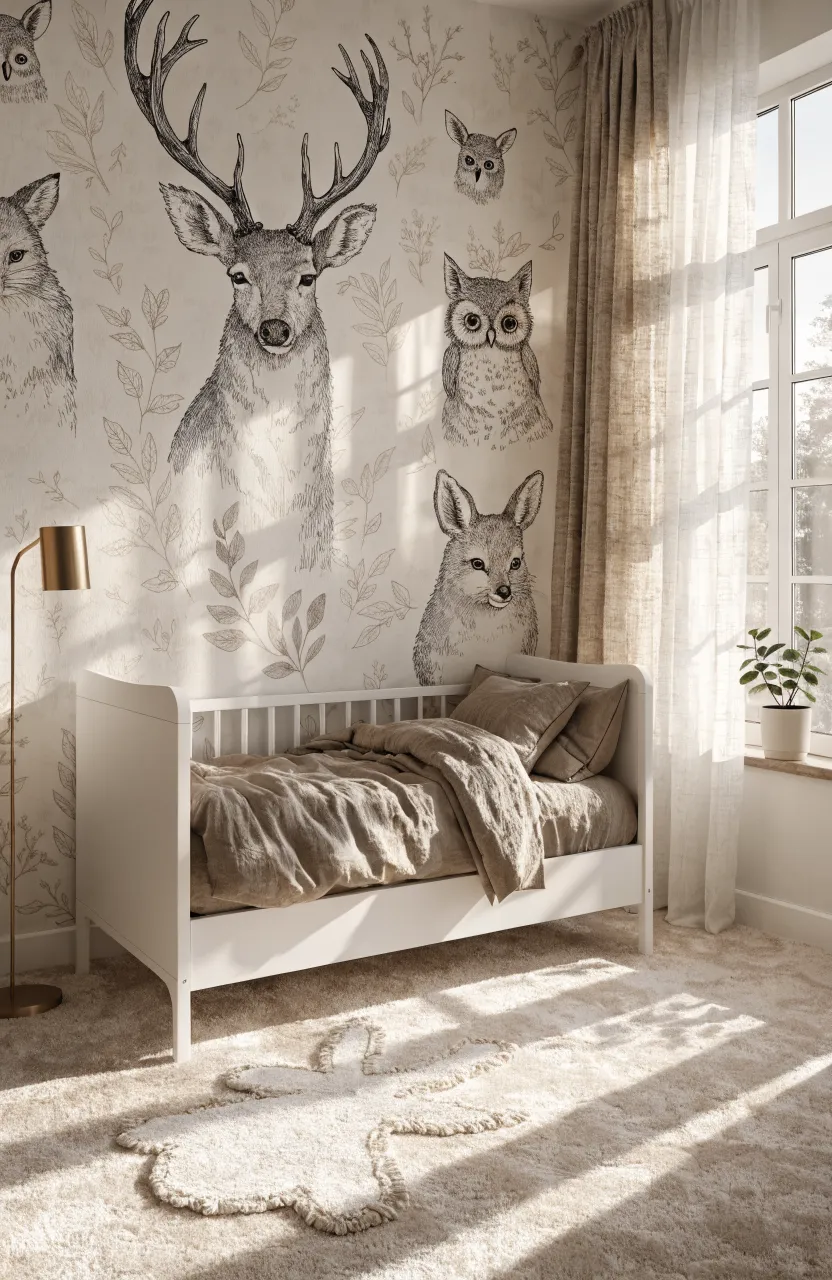 Nursery wall with cream wallpaper featuring hand-drawn sketches of deer and owls behind a white crib.