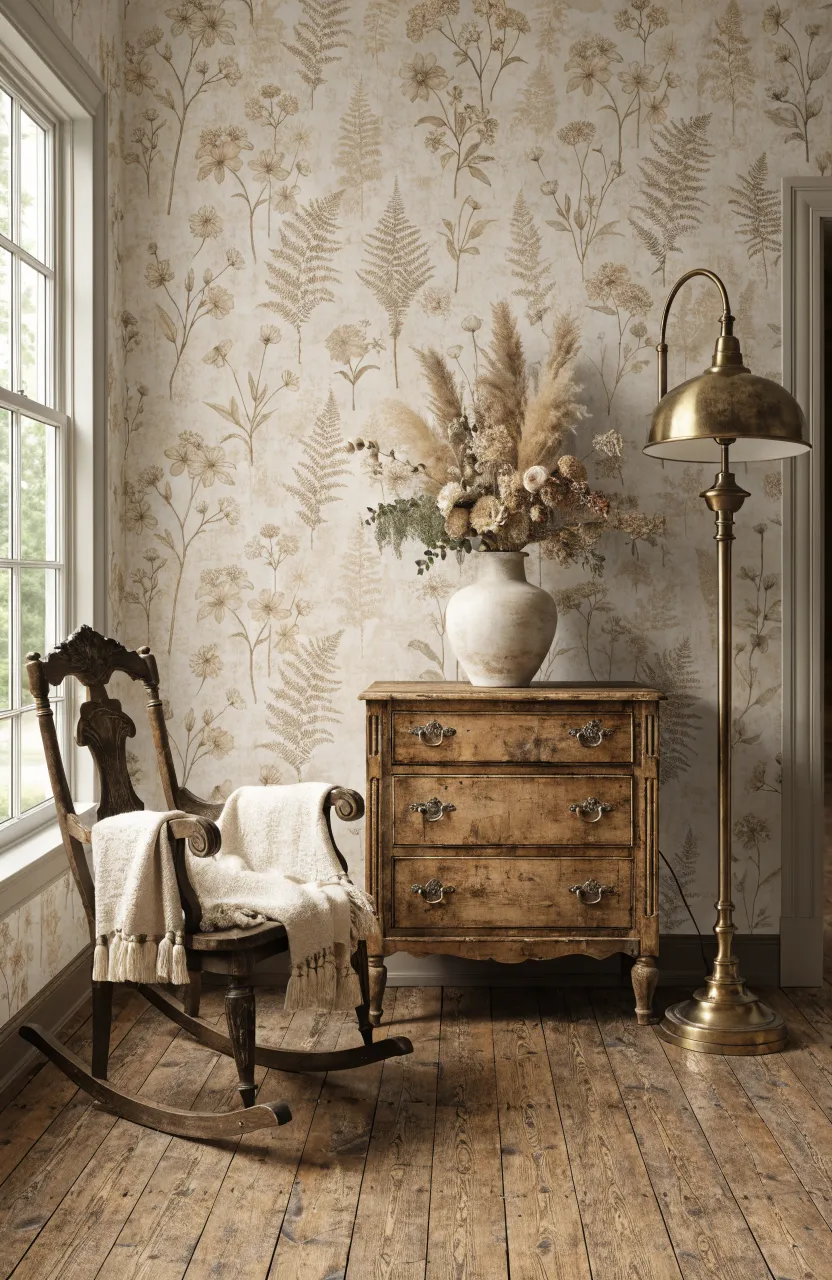 Vintage nursery with sepia botanical wallpaper, an antique rocking chair, and brass accents.