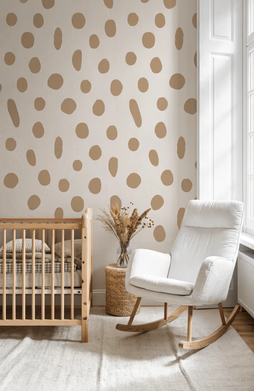 Minimalist nursery with hand-stamped beige polka dot wallpaper and natural wood furniture.