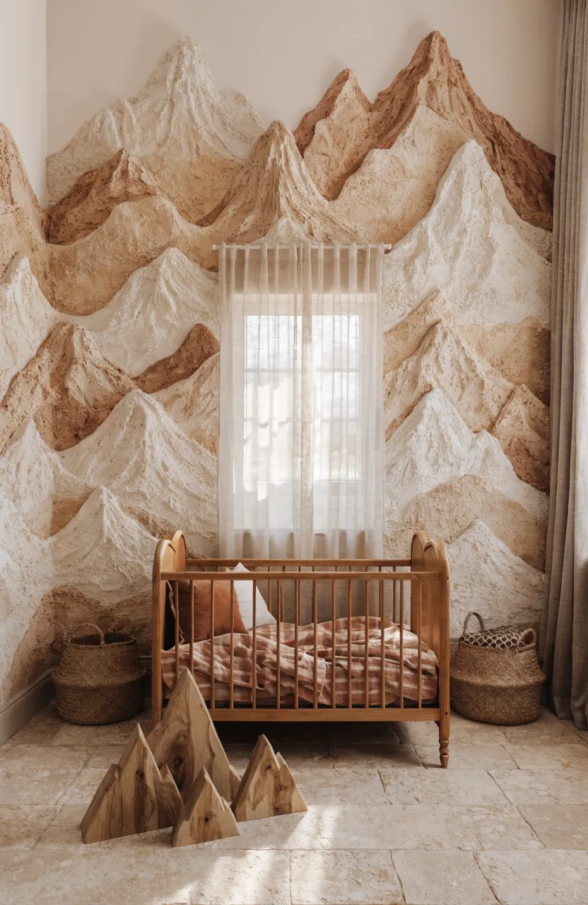 A nursery featuring a large mural of desert mountains in sand and cream tones behind a wooden crib.