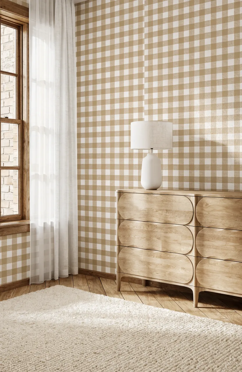 Nursery with warm oatmeal gingham wallpaper and modern light wood furniture.