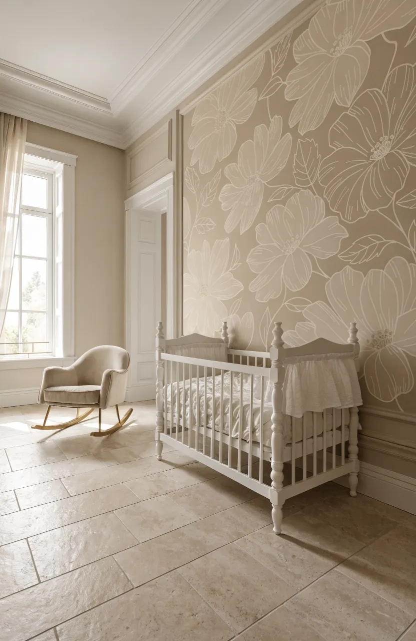 An elegant nursery accent wall with large cream floral line-art on a beige background.