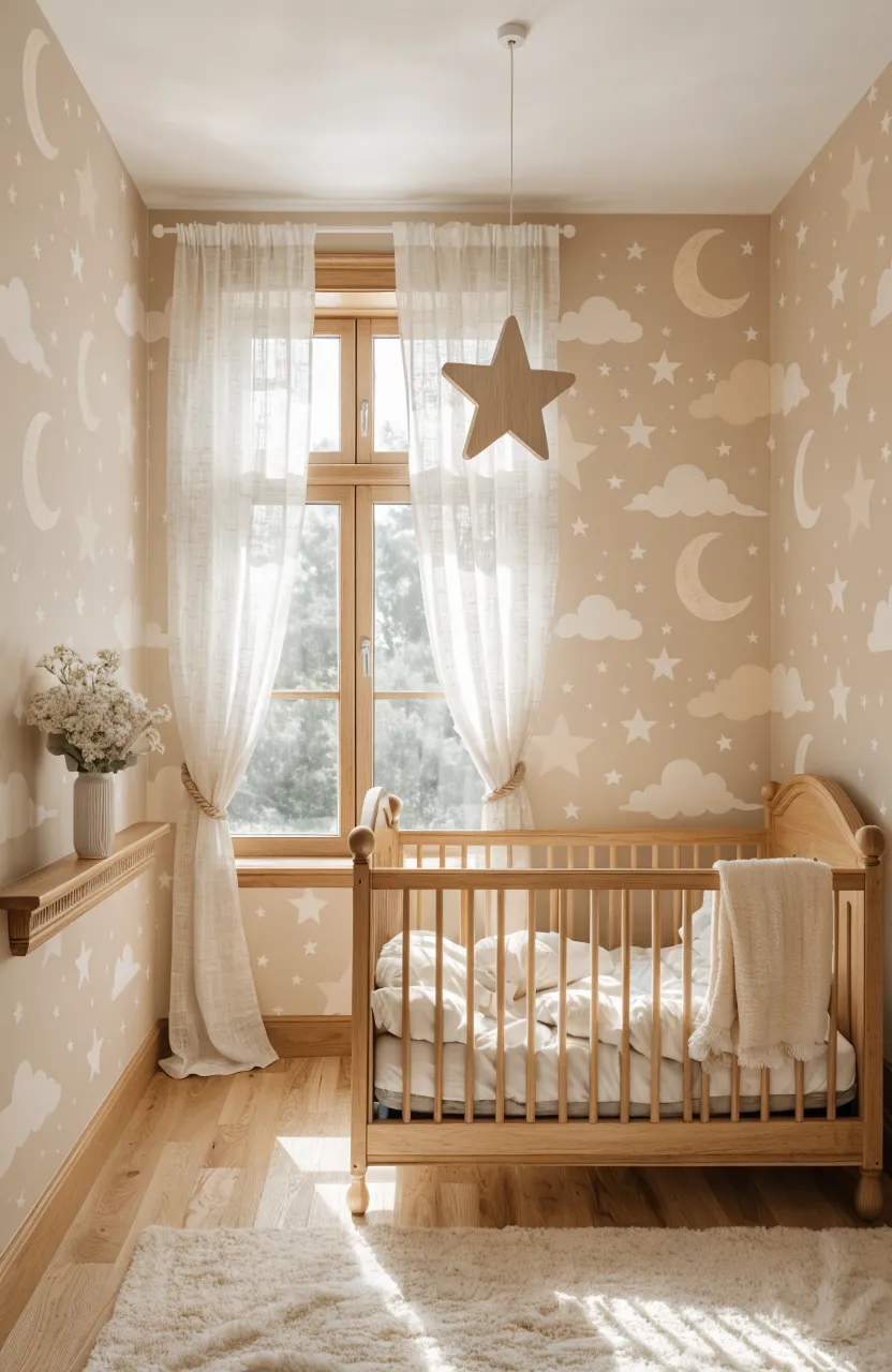 A calm nursery with beige celestial wallpaper featuring moons and stars, a wooden crib, and soft lighting.