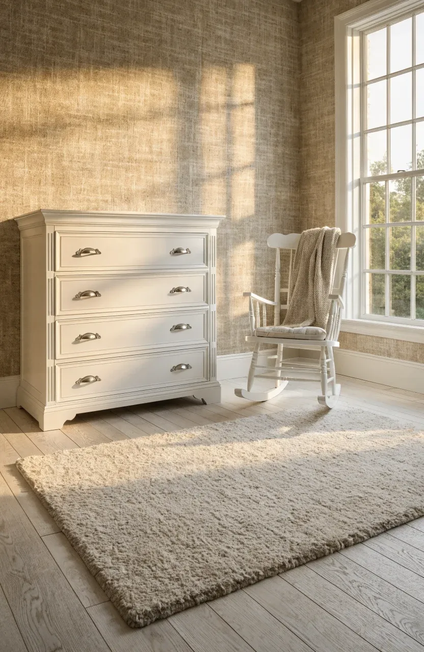 Close-up of a nursery wall with tan linen-textured wallpaper, showing a white dresser and minimalist decor.