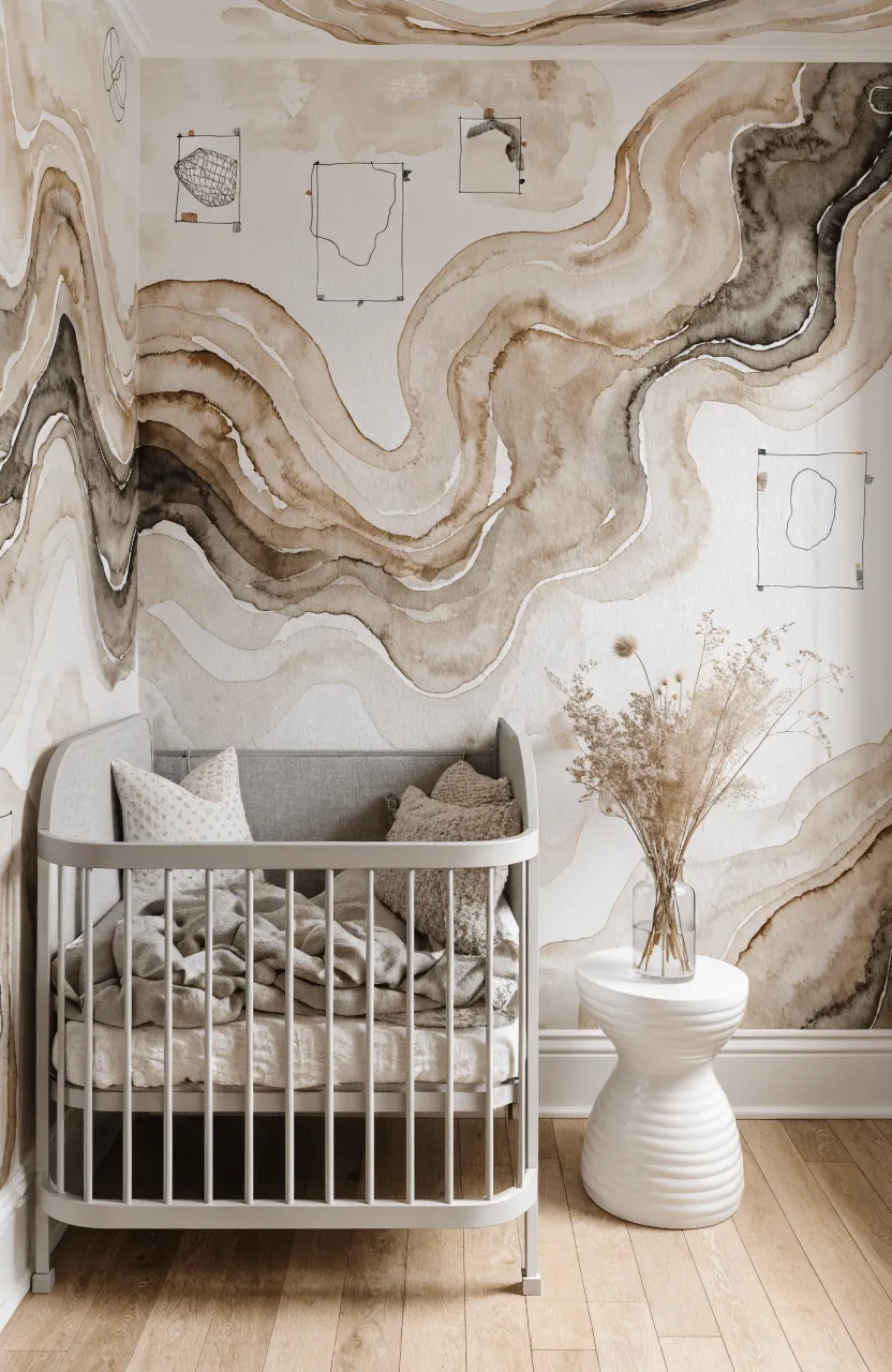 Nursery room with abstract beige watercolor wallpaper, light grey furniture, and a creative atmosphere.