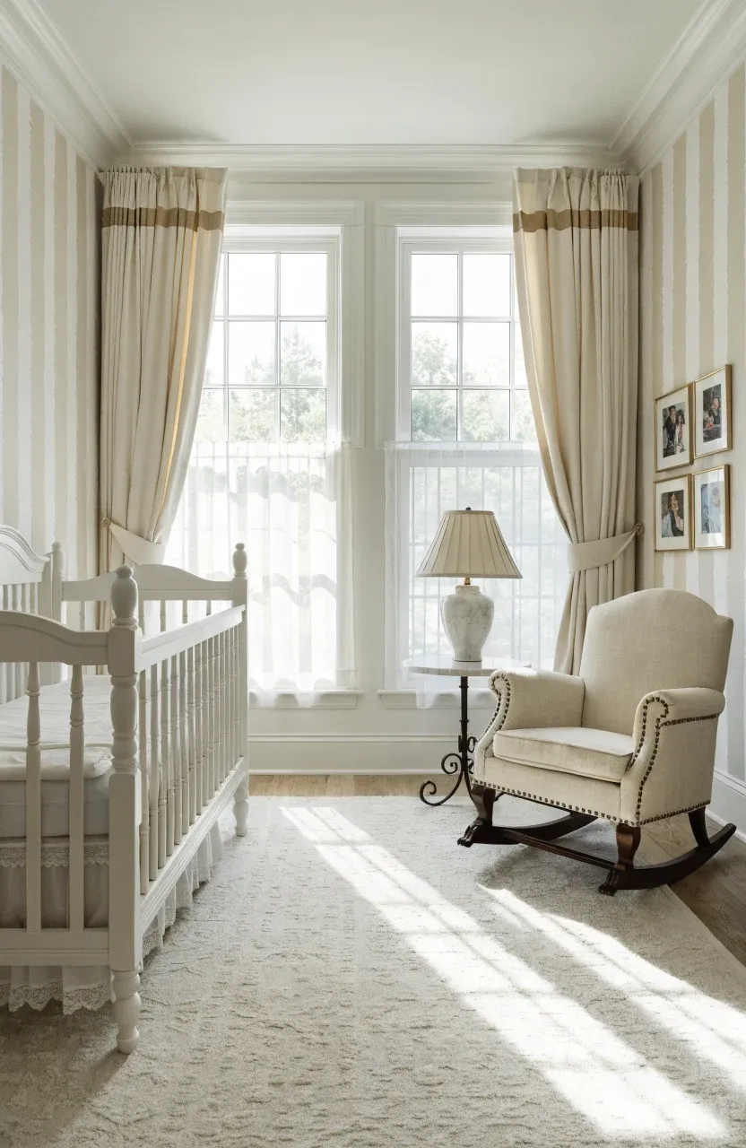 A bright nursery with cream and white vertical striped wallpaper, a white spindle crib, and gold-framed art.