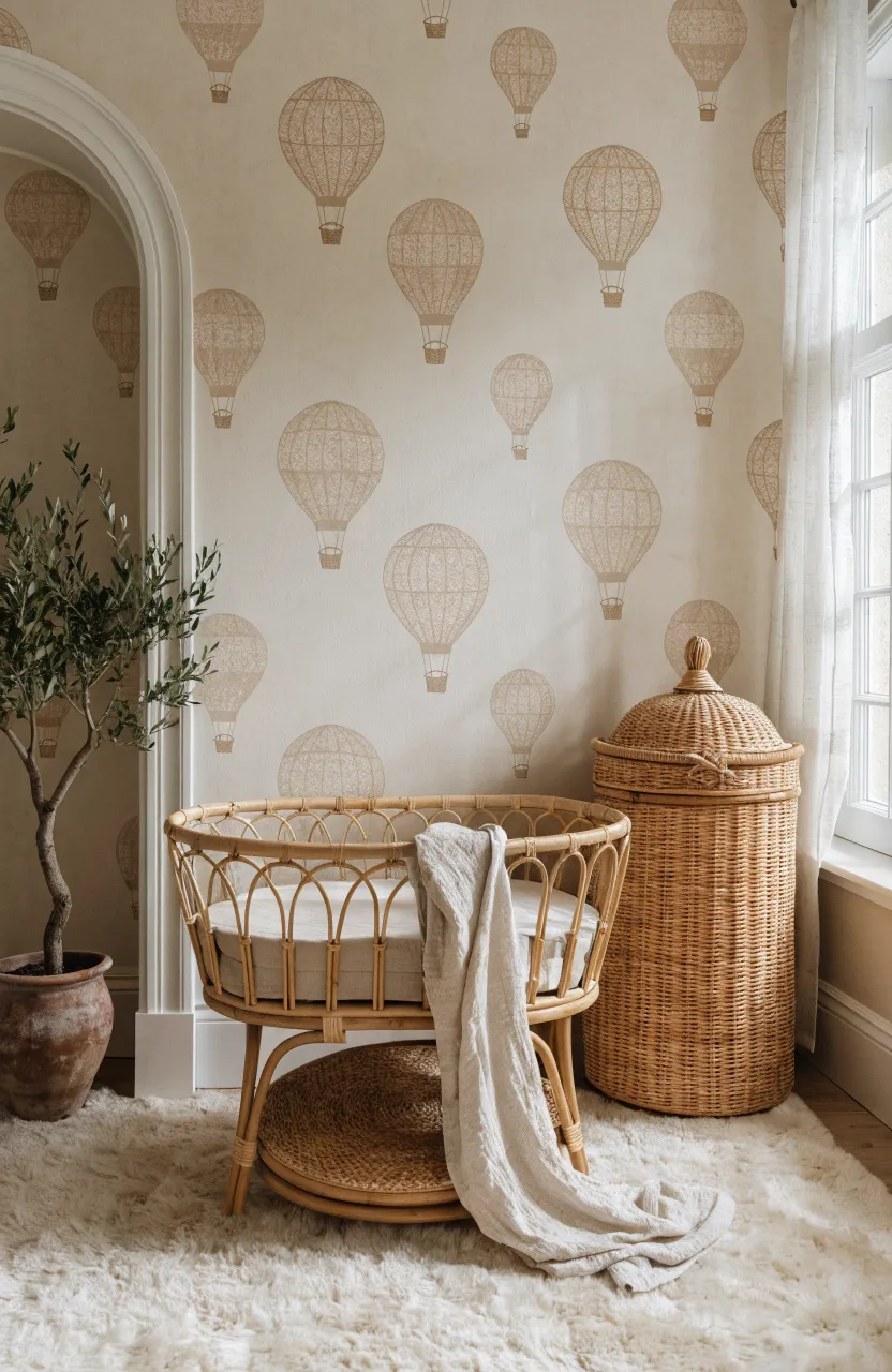 A nursery wall with beige hot air balloon prints, featuring a rattan bassinet and natural wood accents.