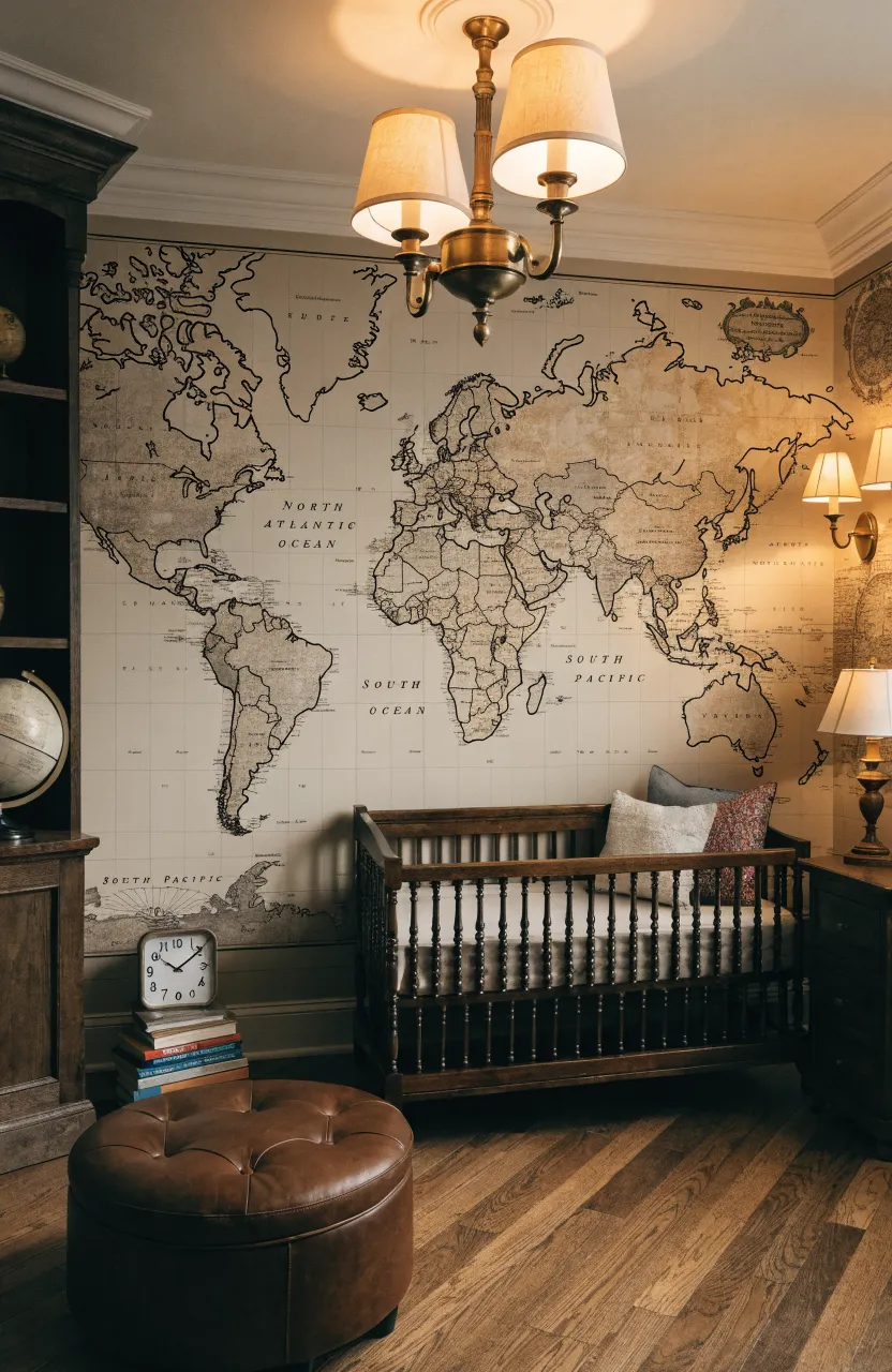 A sophisticated nursery with a large beige world map wallpaper mural and dark wood furniture.