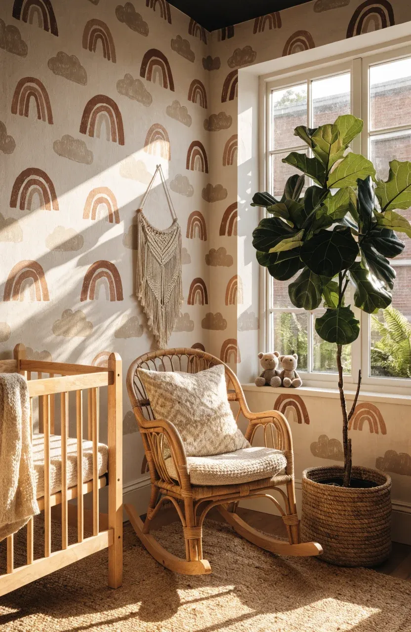 A bohemian nursery with terracotta and beige rainbow wallpaper, rattan furniture, and green plants.