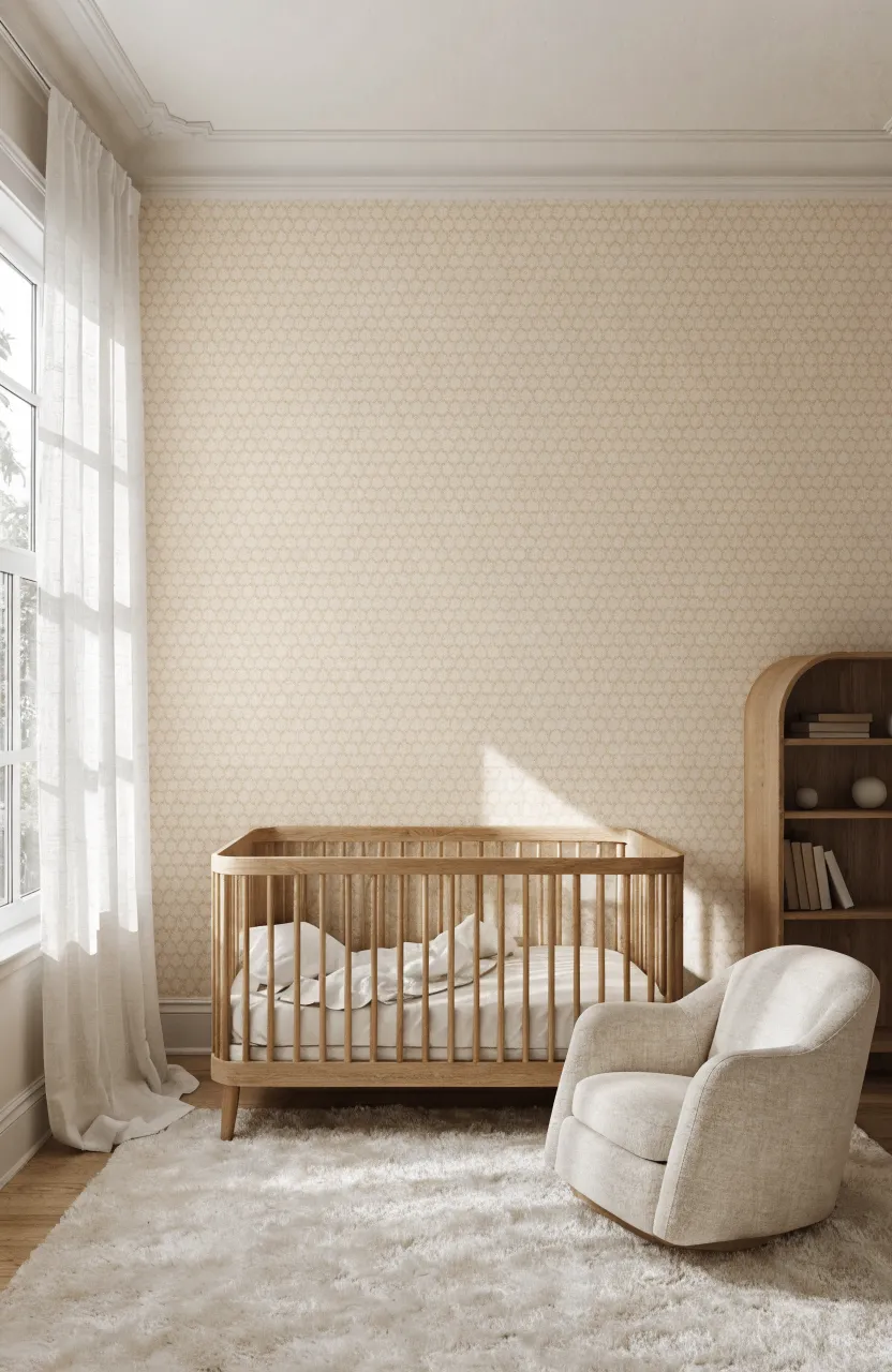 A modern nursery with biscuit-colored geometric wallpaper and light wood furniture.