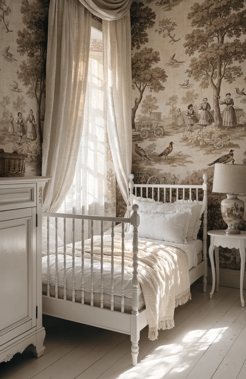 Elegant nursery with sepia Toile de Jouy wallpaper and a classic white spindle crib.