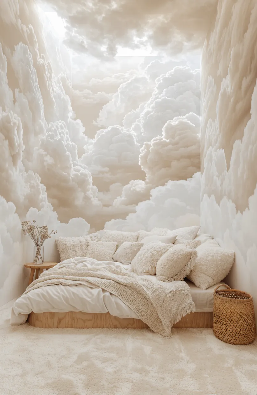 A serene nursery with soft beige and white cloud wallpaper and plush cream decor.