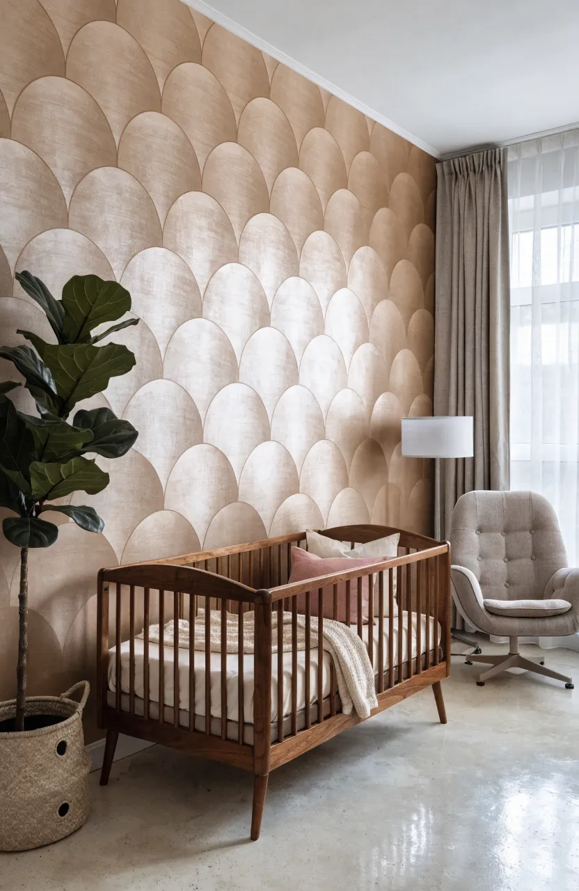 Modern nursery featuring light toffee scalloped wallpaper and mid-century furniture.