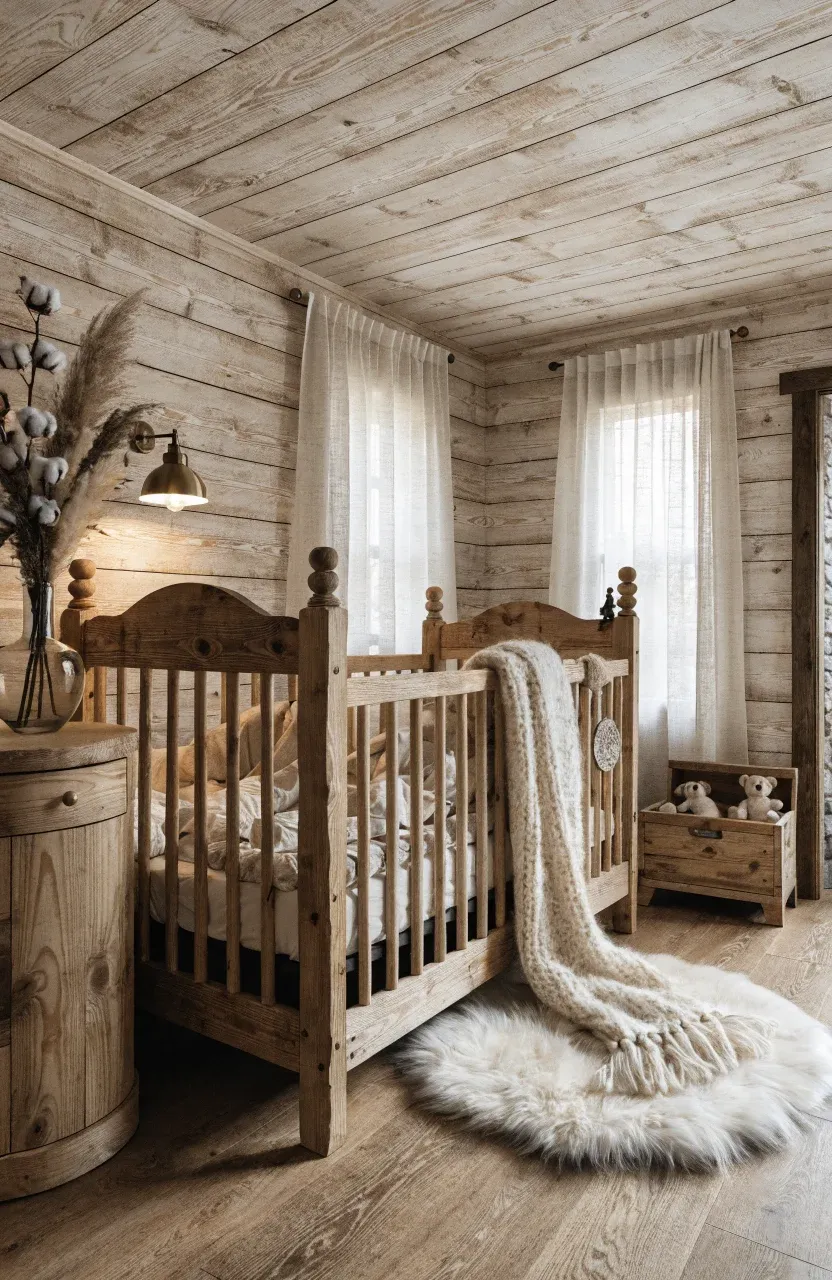 Cozy nursery with beige wood plank effect wallpaper and rustic pine furniture.