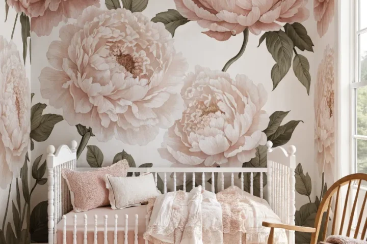 A baby girl's nursery with large pink peony wallpaper behind a white wooden crib.