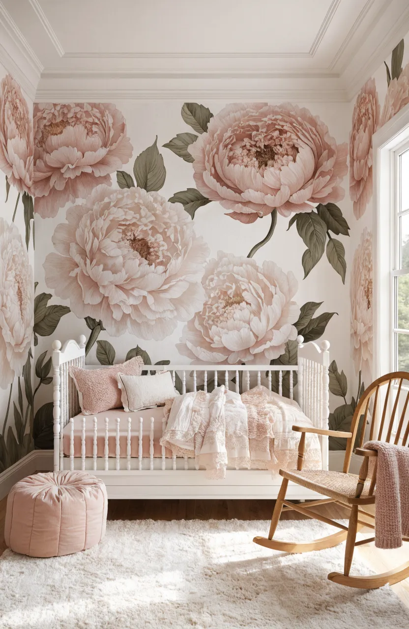 A baby girl's nursery with large pink peony wallpaper behind a white wooden crib.