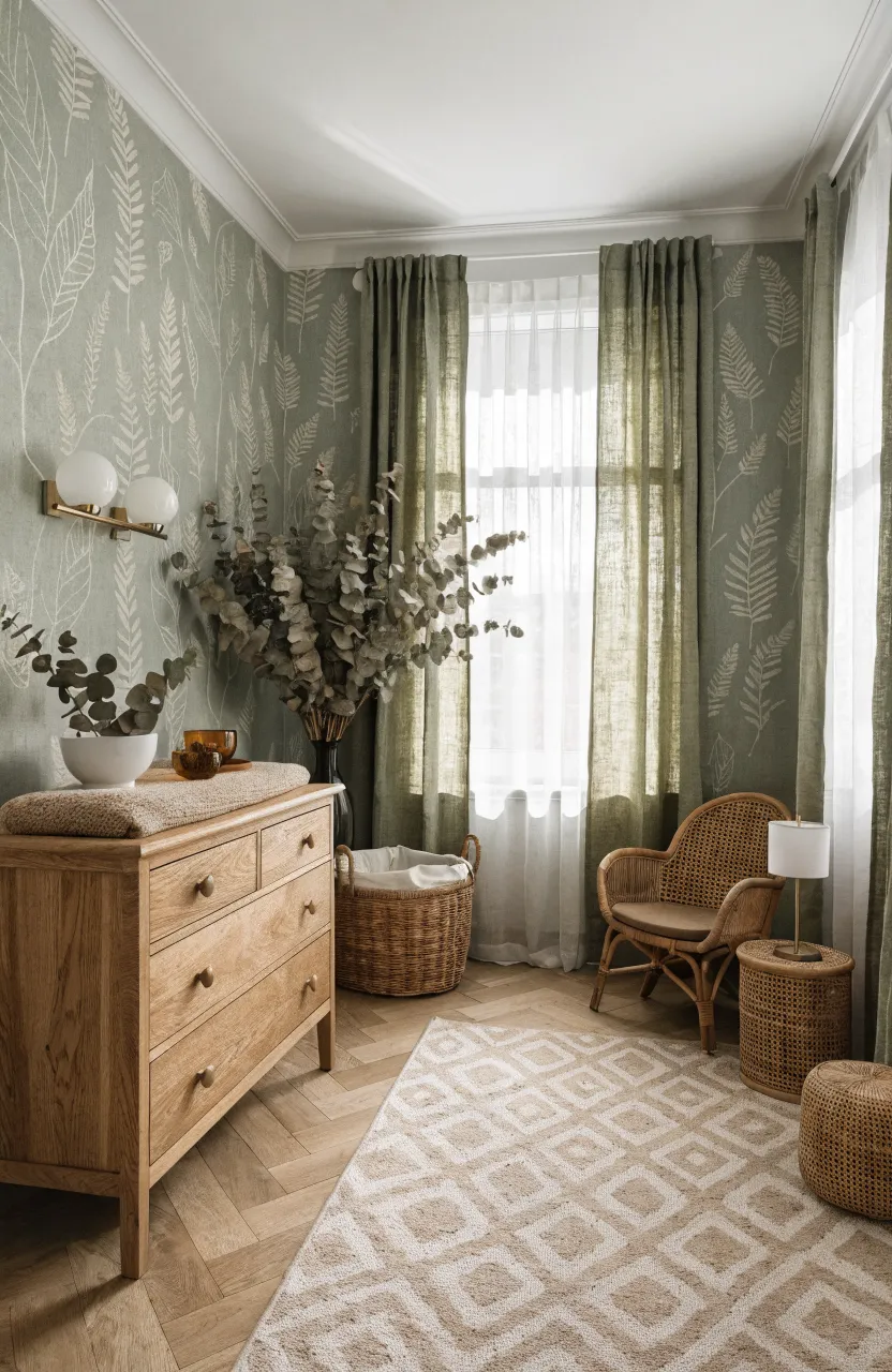 Calming sage green wallpaper with leaf prints in a nature-themed baby nursery.