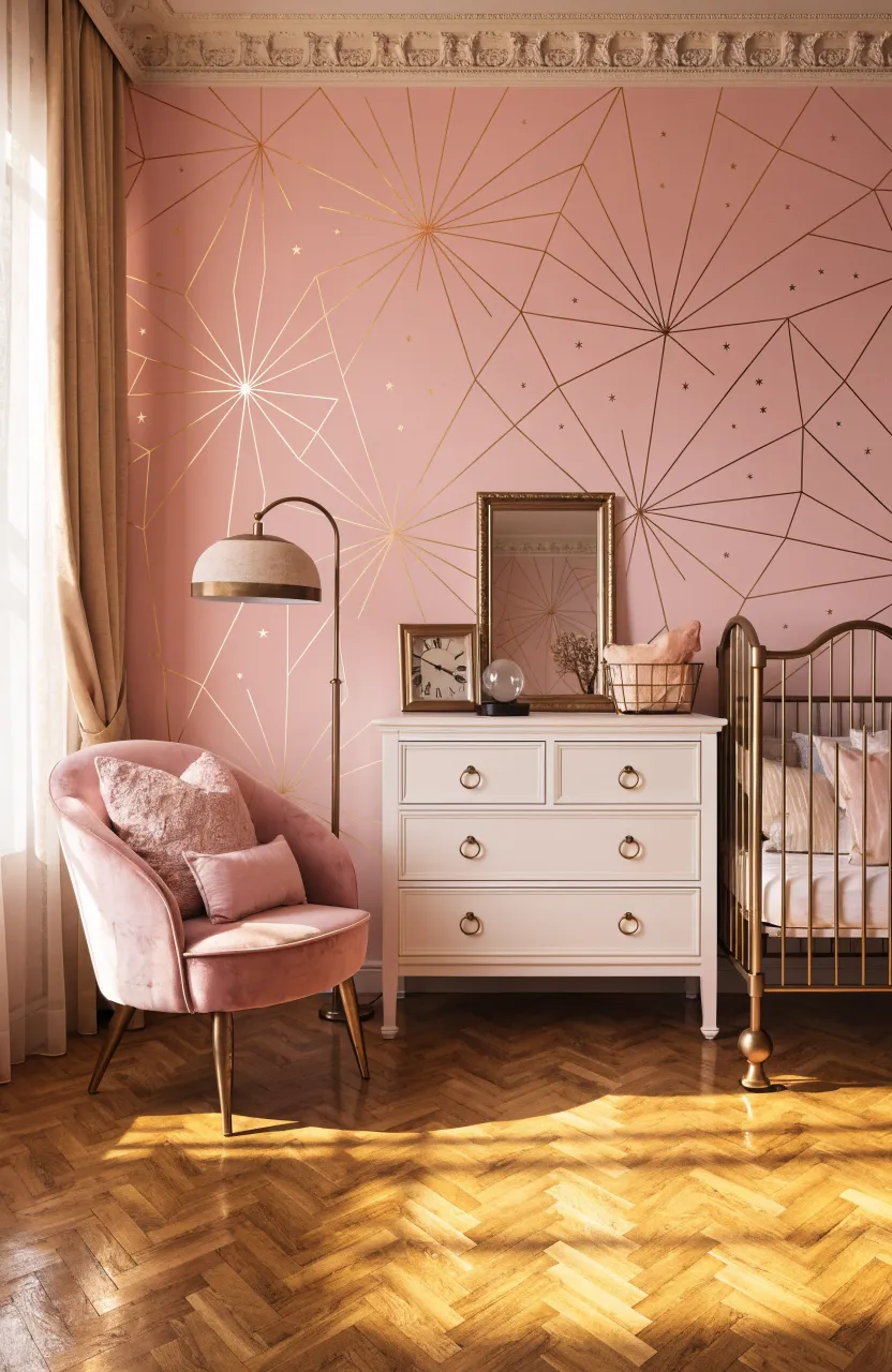 Blush pink nursery wallpaper with metallic gold accents and matching brass furniture.