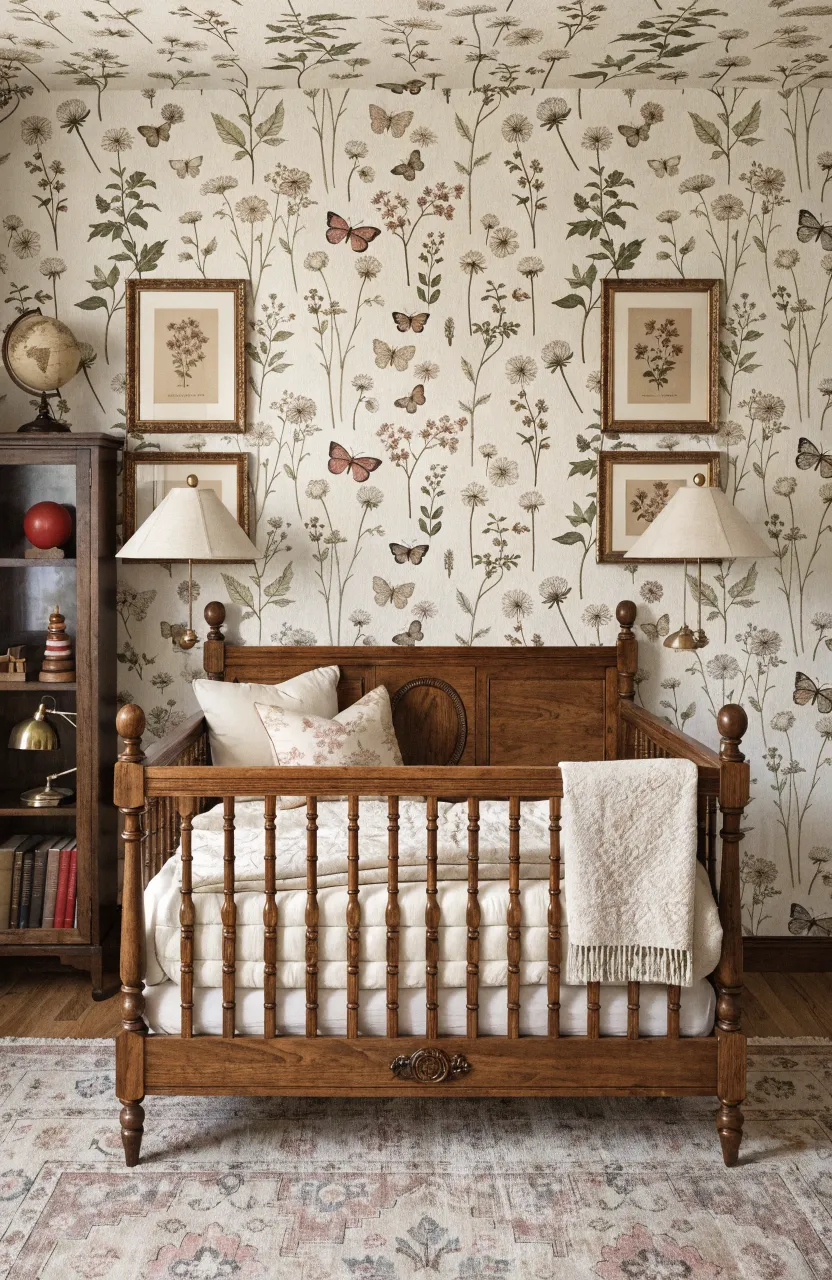 Vintage botanical flower illustrations on cream wallpaper in a classic baby girl nursery.