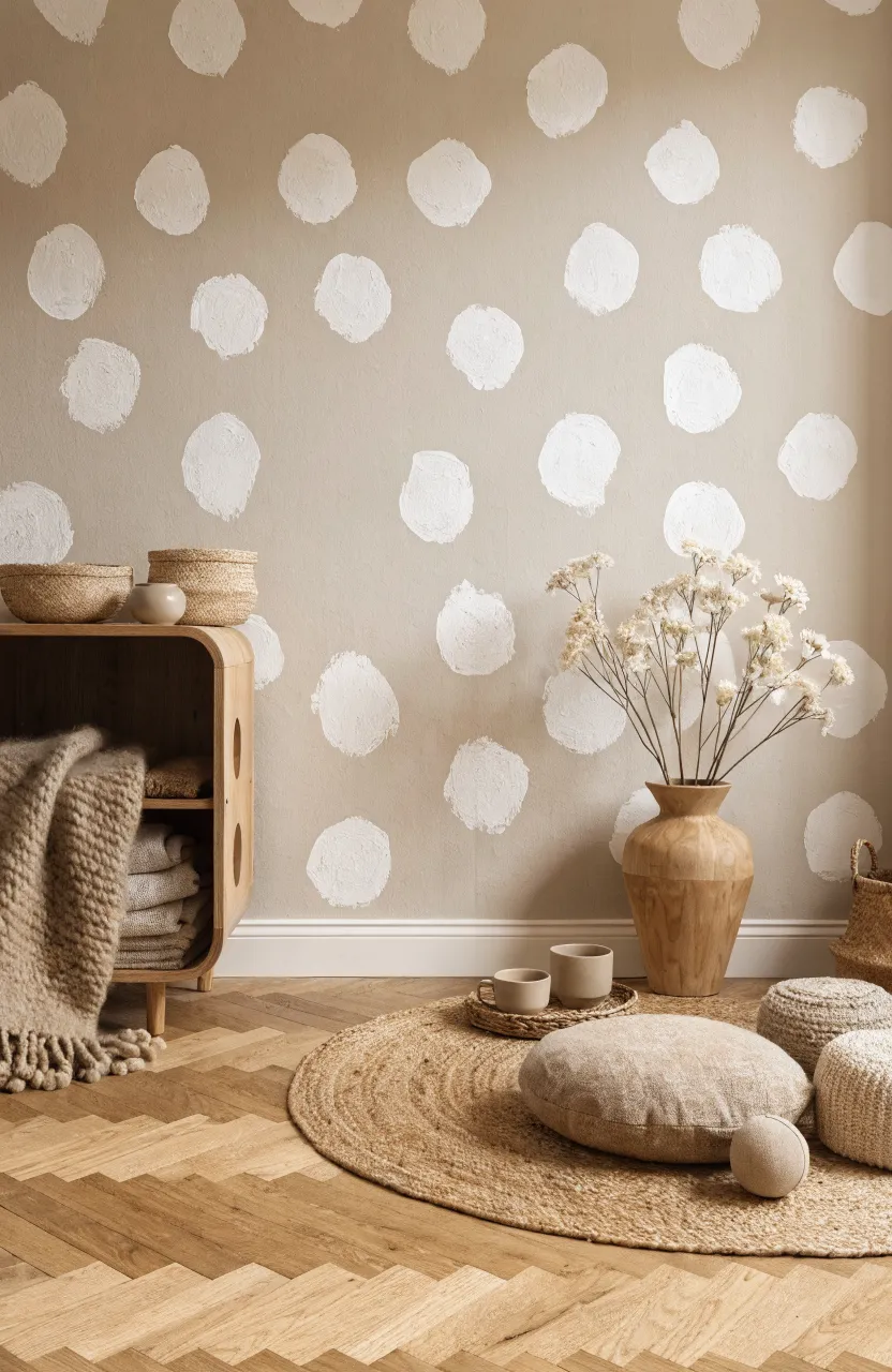 Neutral beige wallpaper with hand-painted white polka dots in a minimalist nursery.