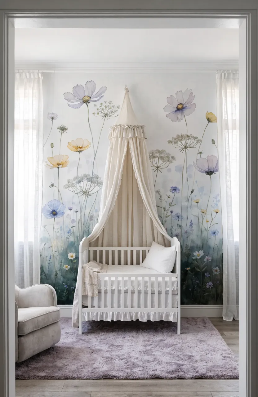 A soft watercolor wildflower meadow mural on the wall of a peaceful baby nursery.